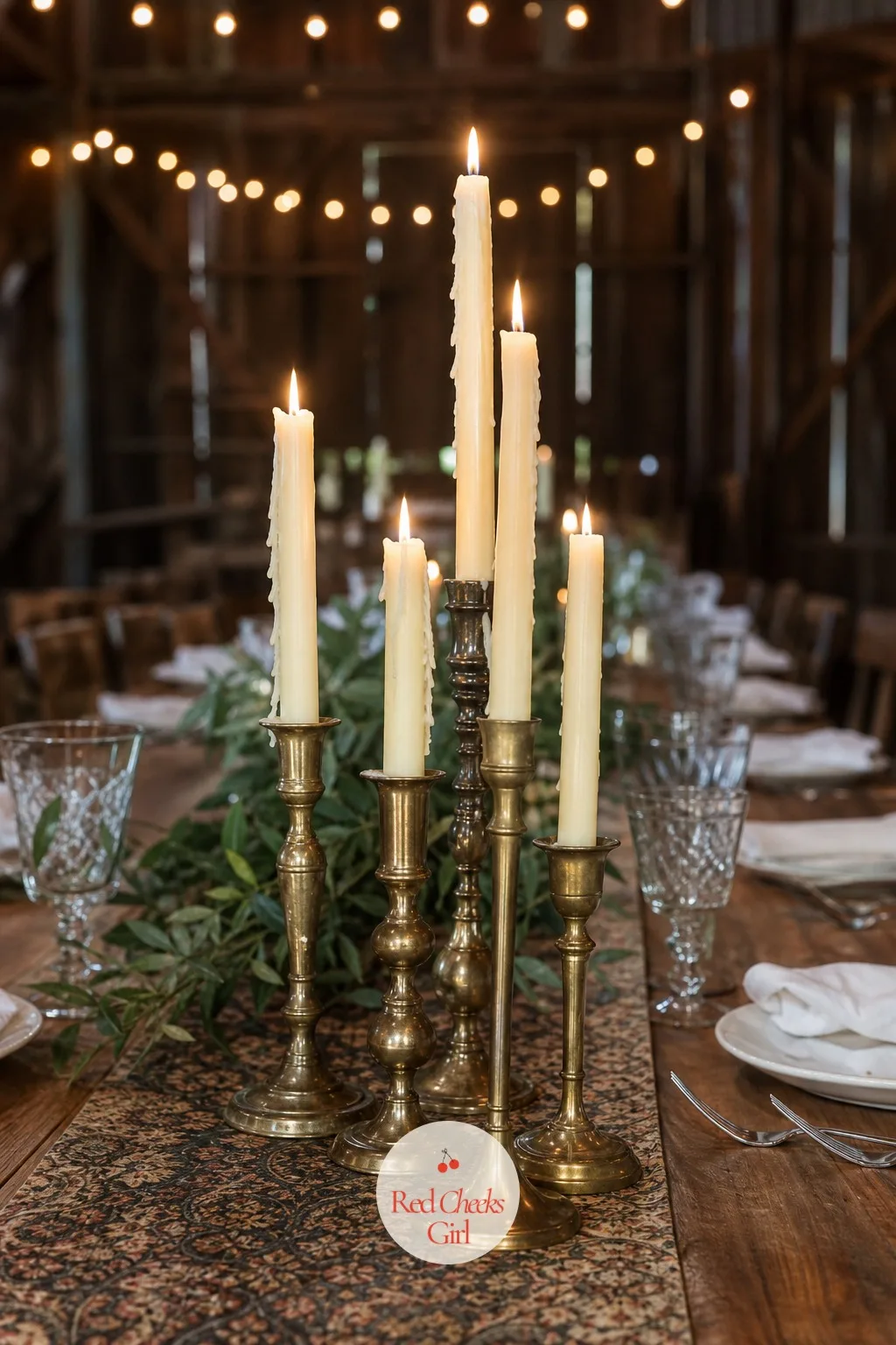 Vintage Brass Candlestick Cluster With Wax Drips — A perfectly clean candlestick looks rented. Candle wedding centerpieces
