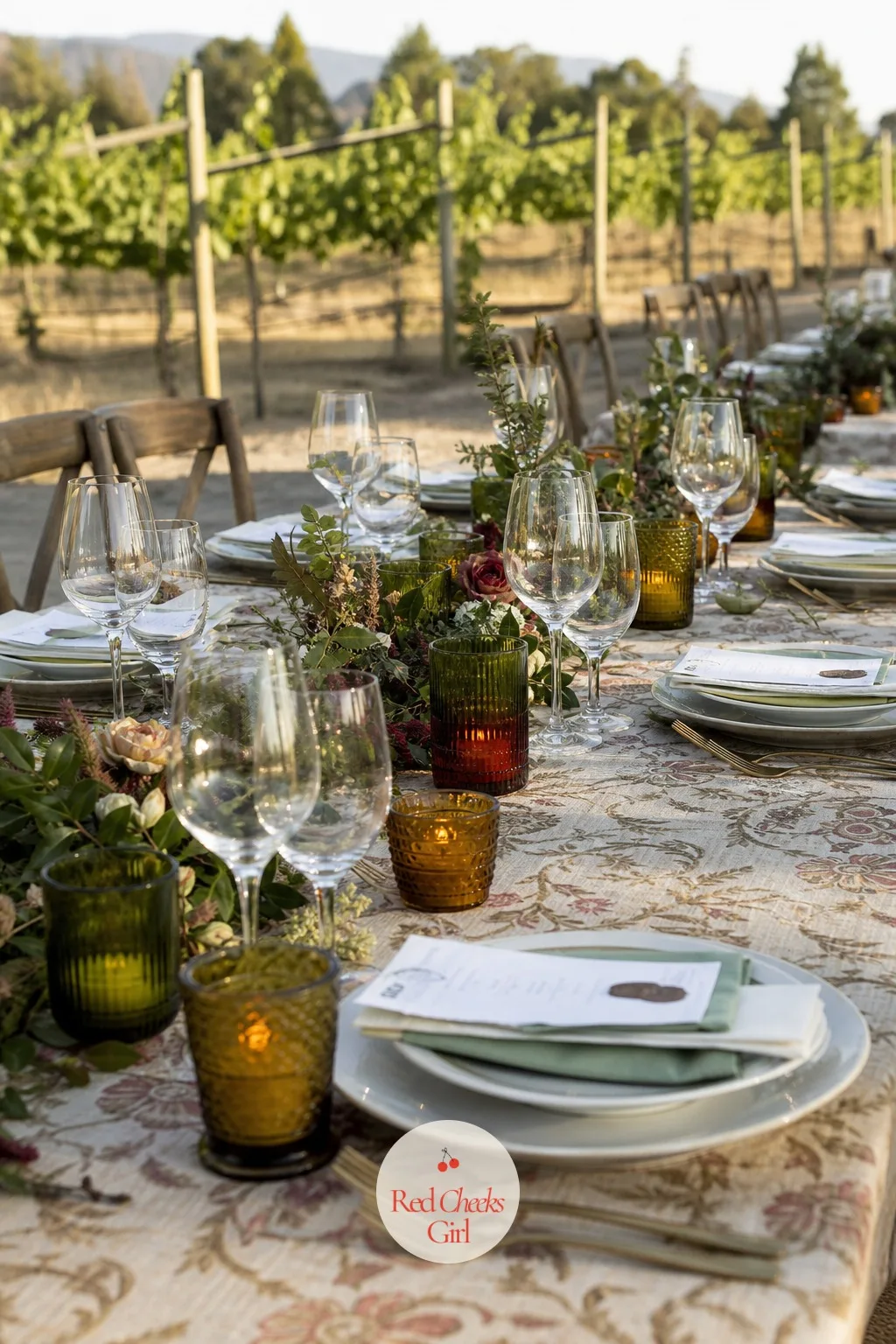 Votive Candles Scattered in Jewel-Tone Glass Down the Table — A single centerpiece in the middle of a long table leaves both ends looking a little bare. Candle