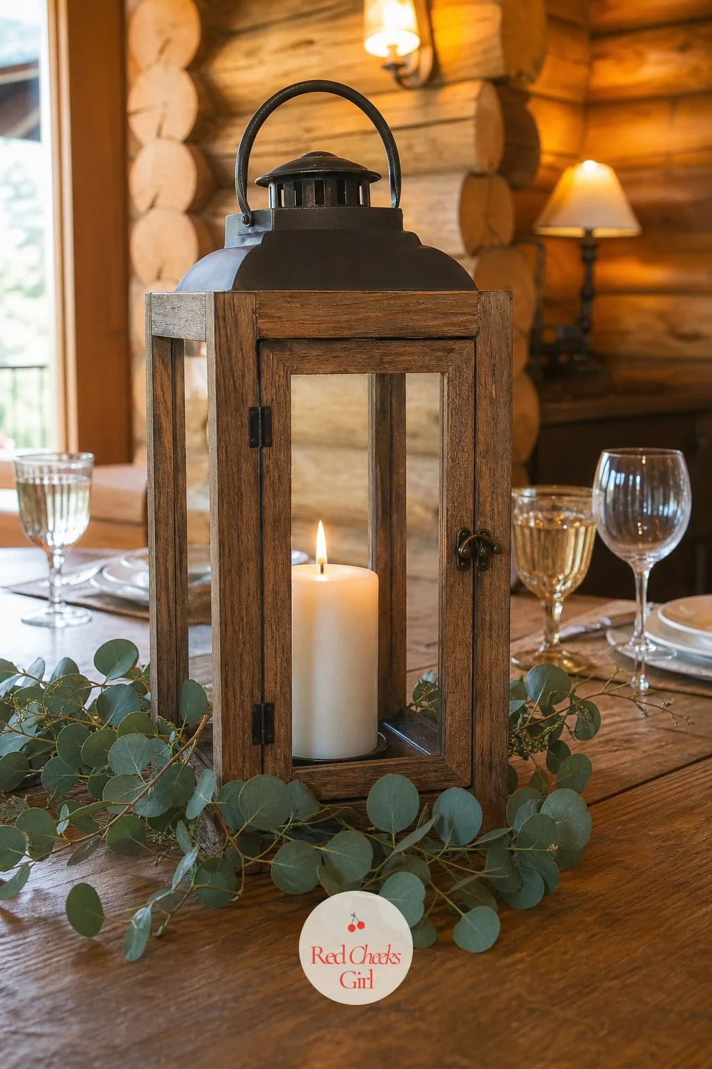 Wood and Glass Lantern With Eucalyptus — A metal lantern reads modern. Candle wedding centerpieces