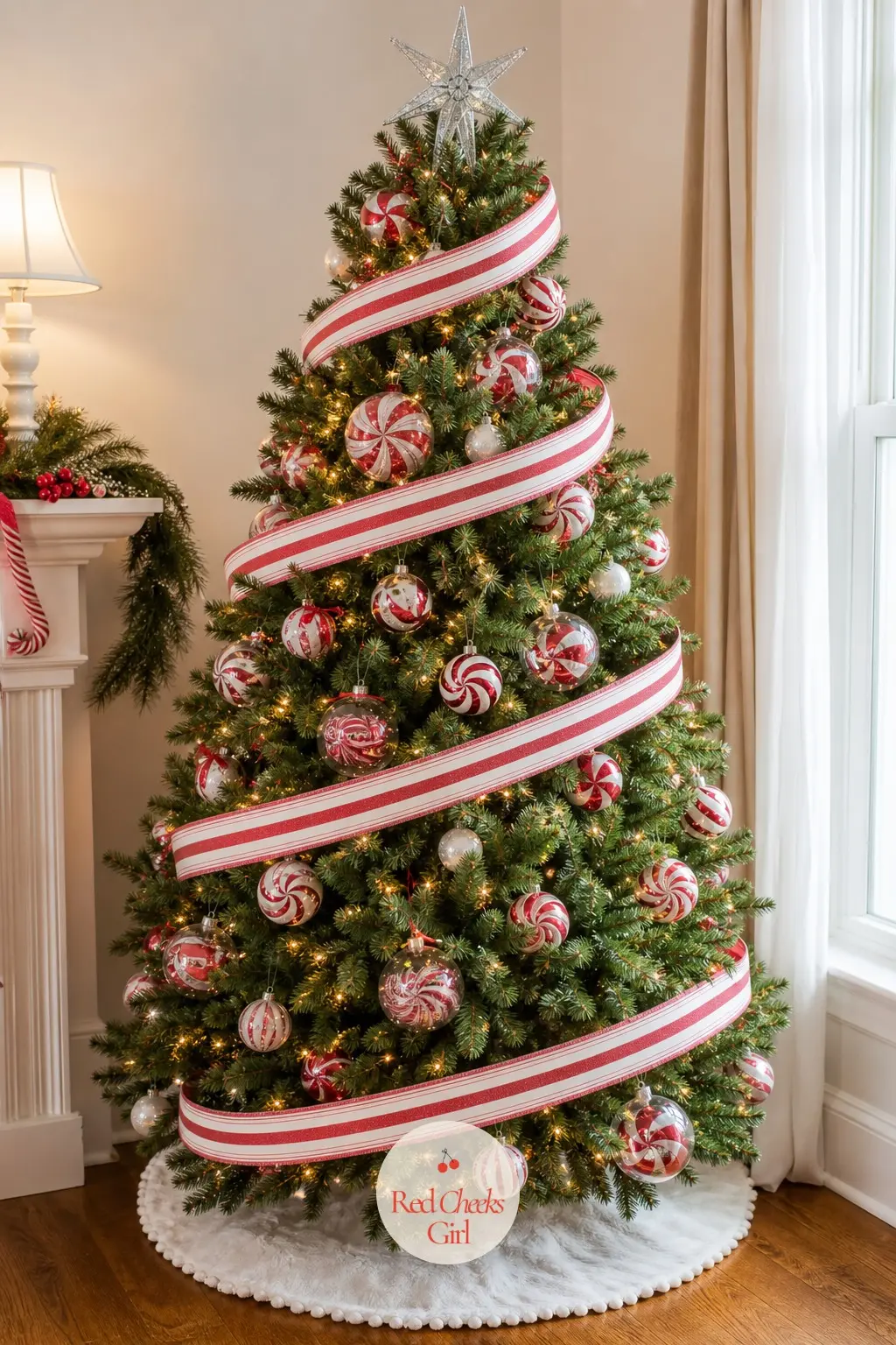 A Candy Striped Tree With A Swirl Of Peppermint Ornaments — Swap tinsel for a wide red and white check ribbon and spiral it top to bottom instead of wrapping