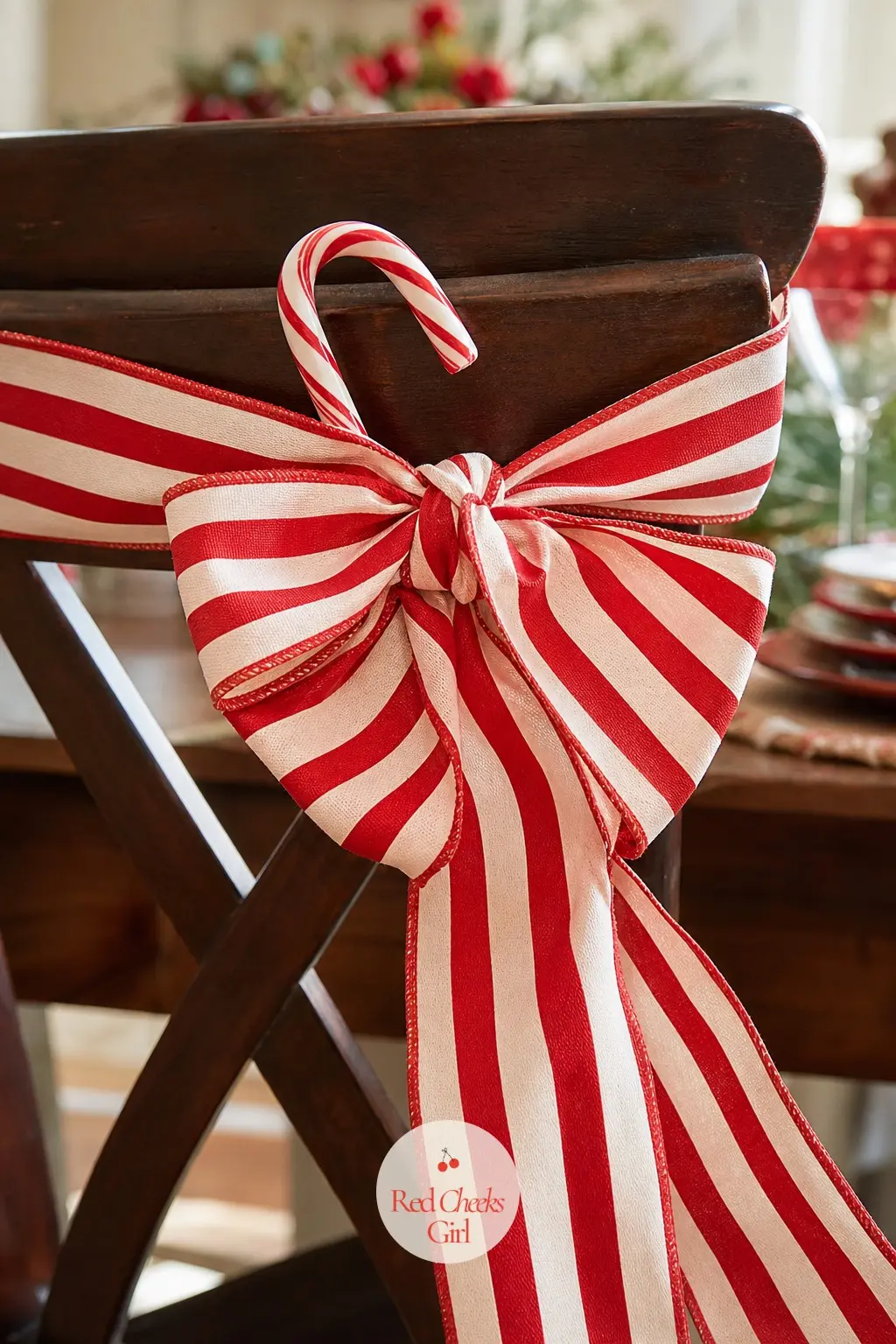 Chair Backs Tied With A Peppermint Bow — A wide red and white striped bow ties around the top rail of each dining chair, sitting high enough that it is the