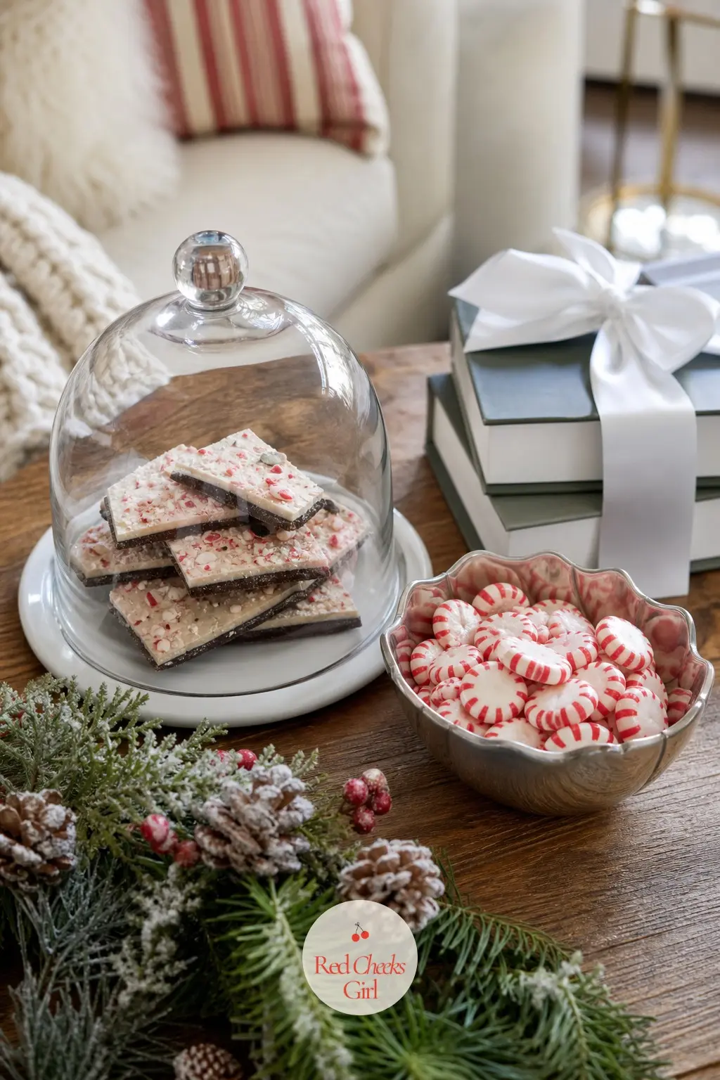 A Coffee Table Set For Sampling — A glass cloche sits at one end holding a small stack of peppermint bark, as if it were waiting to be cut and shared. Candy