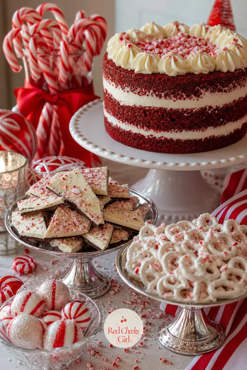 A Dessert Table In Red, White And Peppermint Crunch — A white cake stand holds a red velvet layer cake at the centre, flanked by lower silver stands of