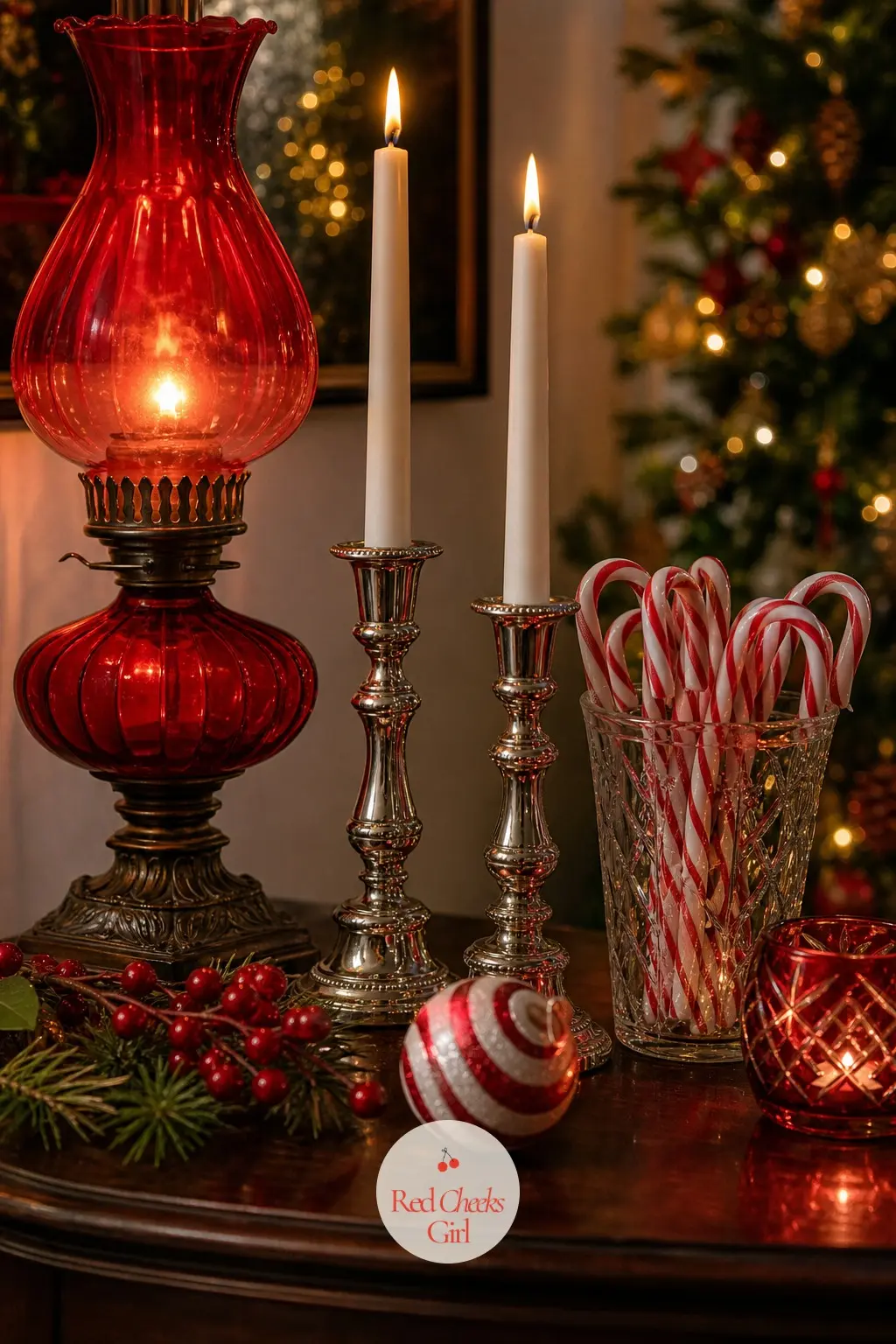 An Evening Lighting Plan In Candlelight And Red Glow — Warm white fairy lights go inside the tree and along the mantel, but the real work happens in the