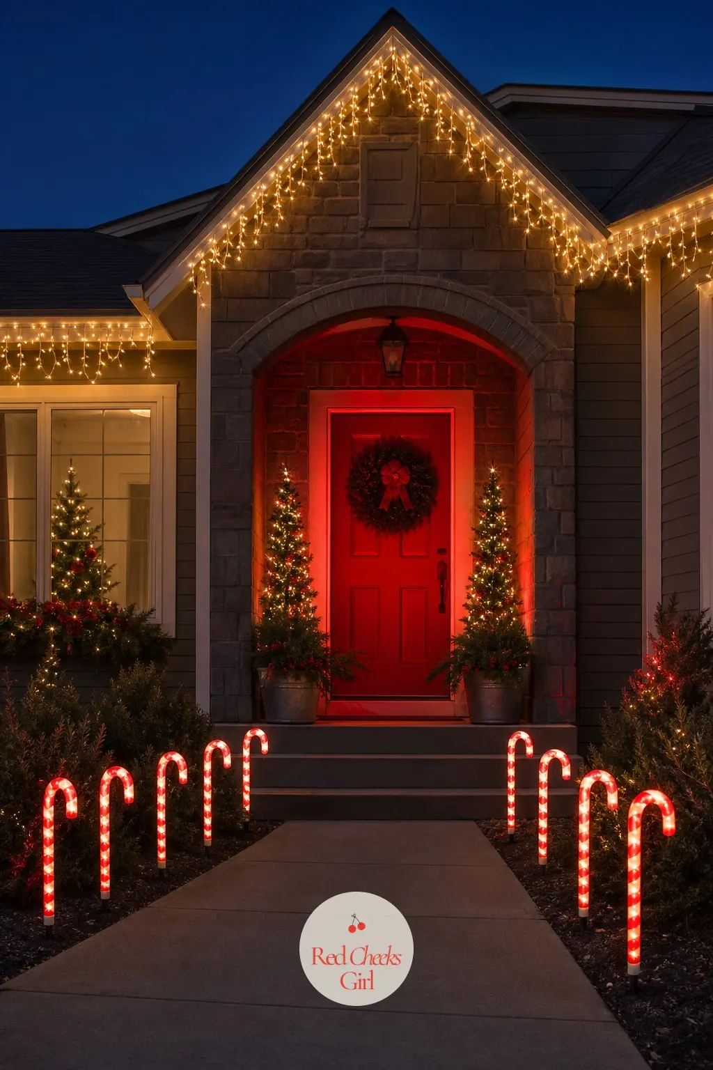 The Facade Lit Up Like A Candy Shop Window After Dark — Four candy cane pathway lights line the walk to the door, spaced evenly so the stripe reads from the