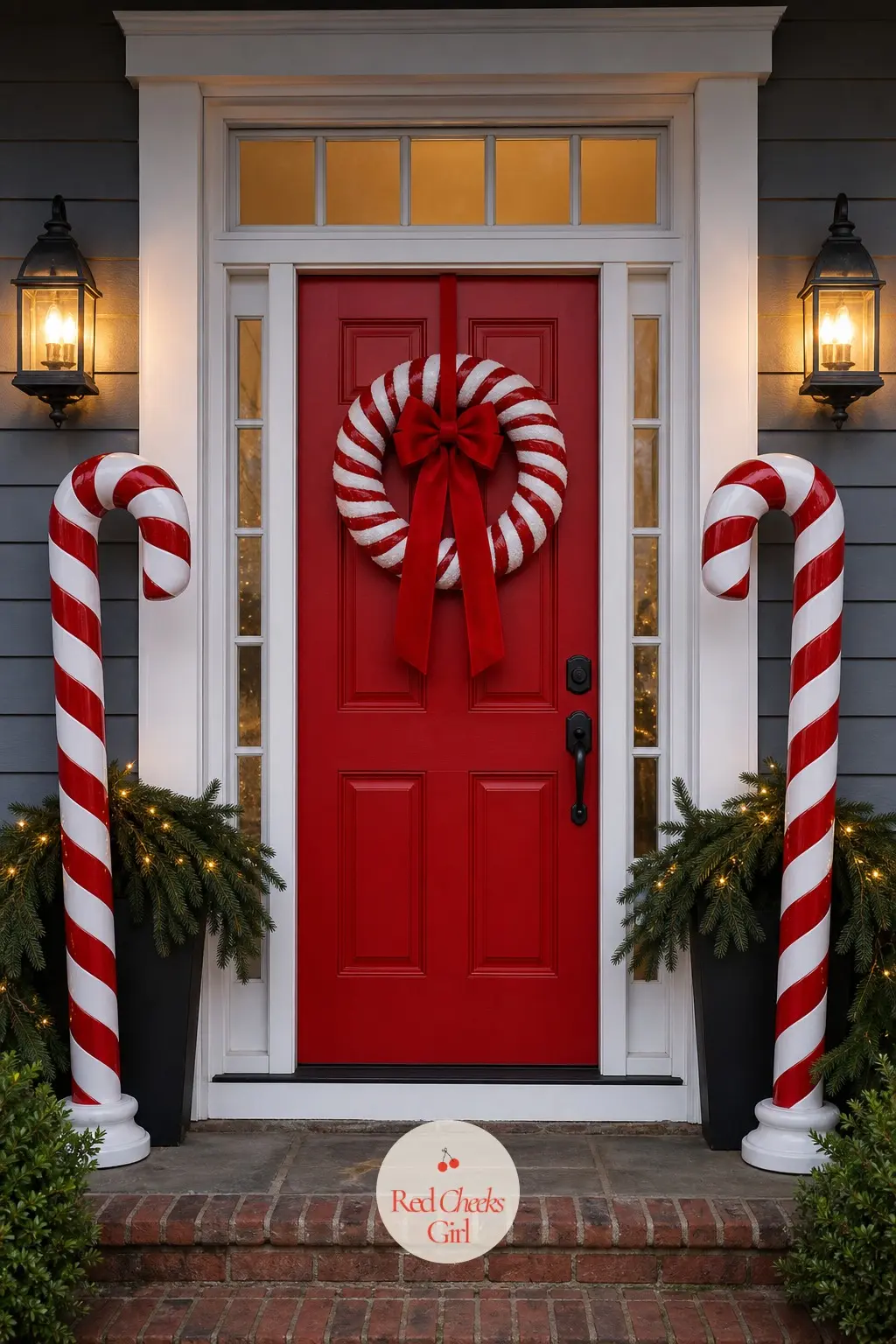 A Front Door That Looks Like A Candy Shop Entrance — Two oversized candy cane porch markers flank the door itself, each tall enough to see from the street