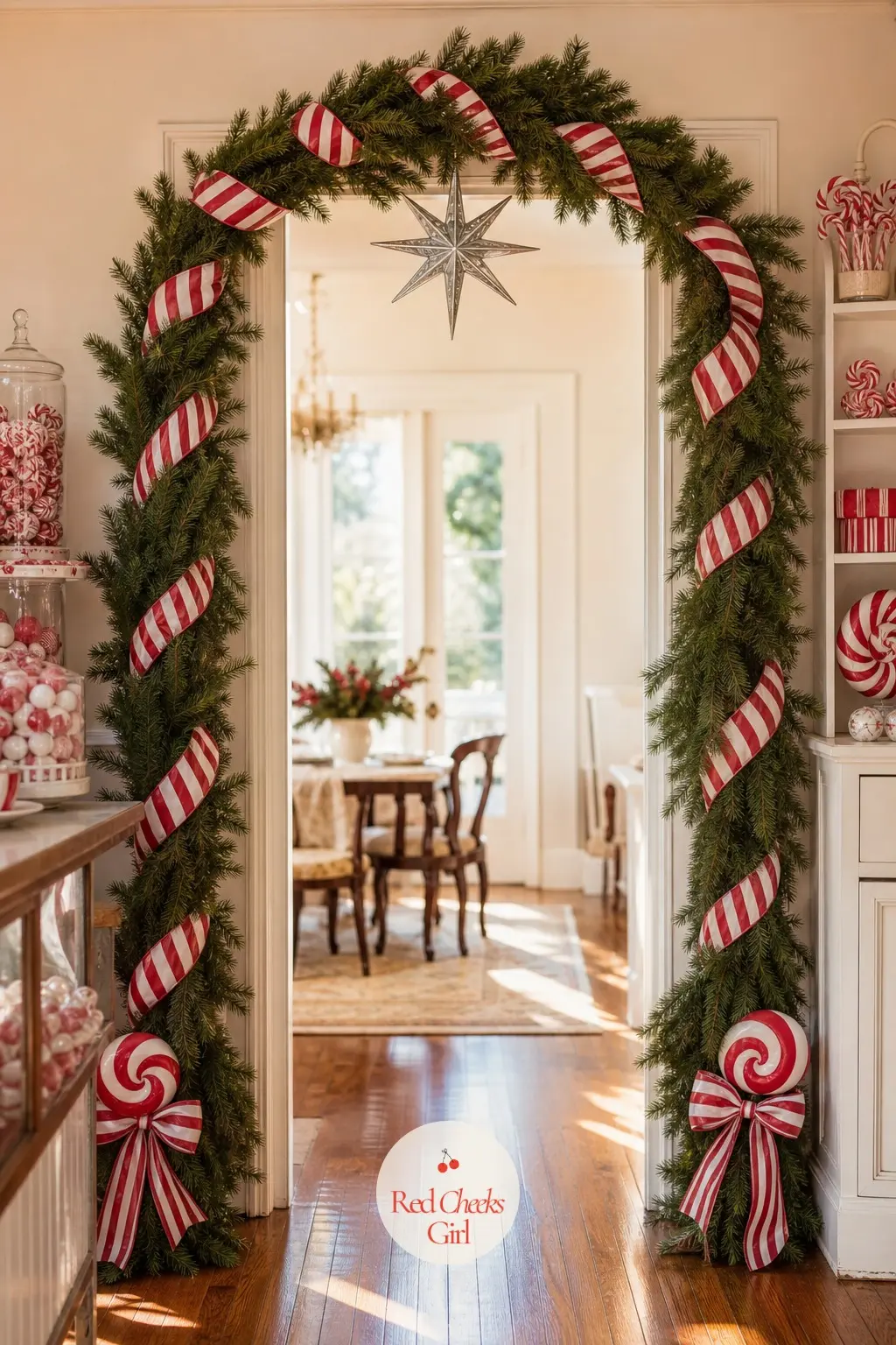 A Garland Arch Between Rooms Like A Candy Shop Doorway — Fresh garland runs around the full frame of a doorway between the living and dining rooms, and a red