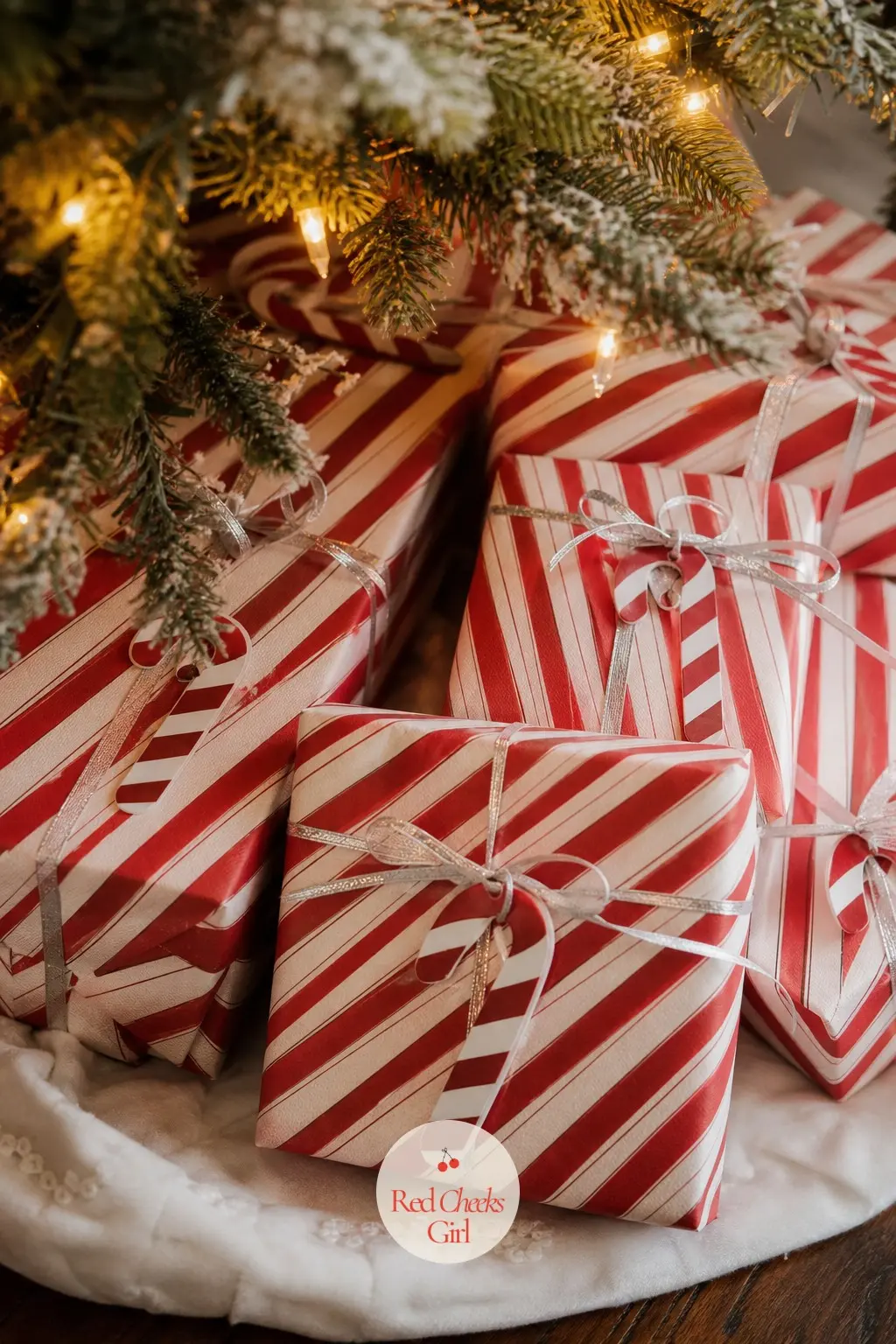 Gifts Wrapped Like Boxed Sweets — Every box under the tree gets the same red and white striped paper, with no second pattern allowed in, so the pile reads as