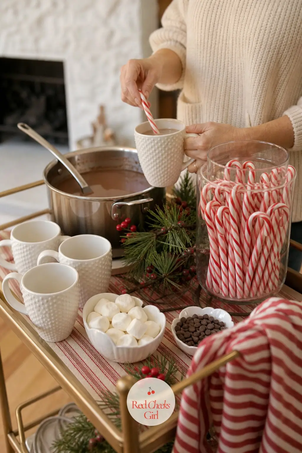 A Hot Cocoa And Candy Cane Bar — A small bar cart carries a pot of hot cocoa, a stack of white mugs and a glass jar of candy canes meant for stirring, so