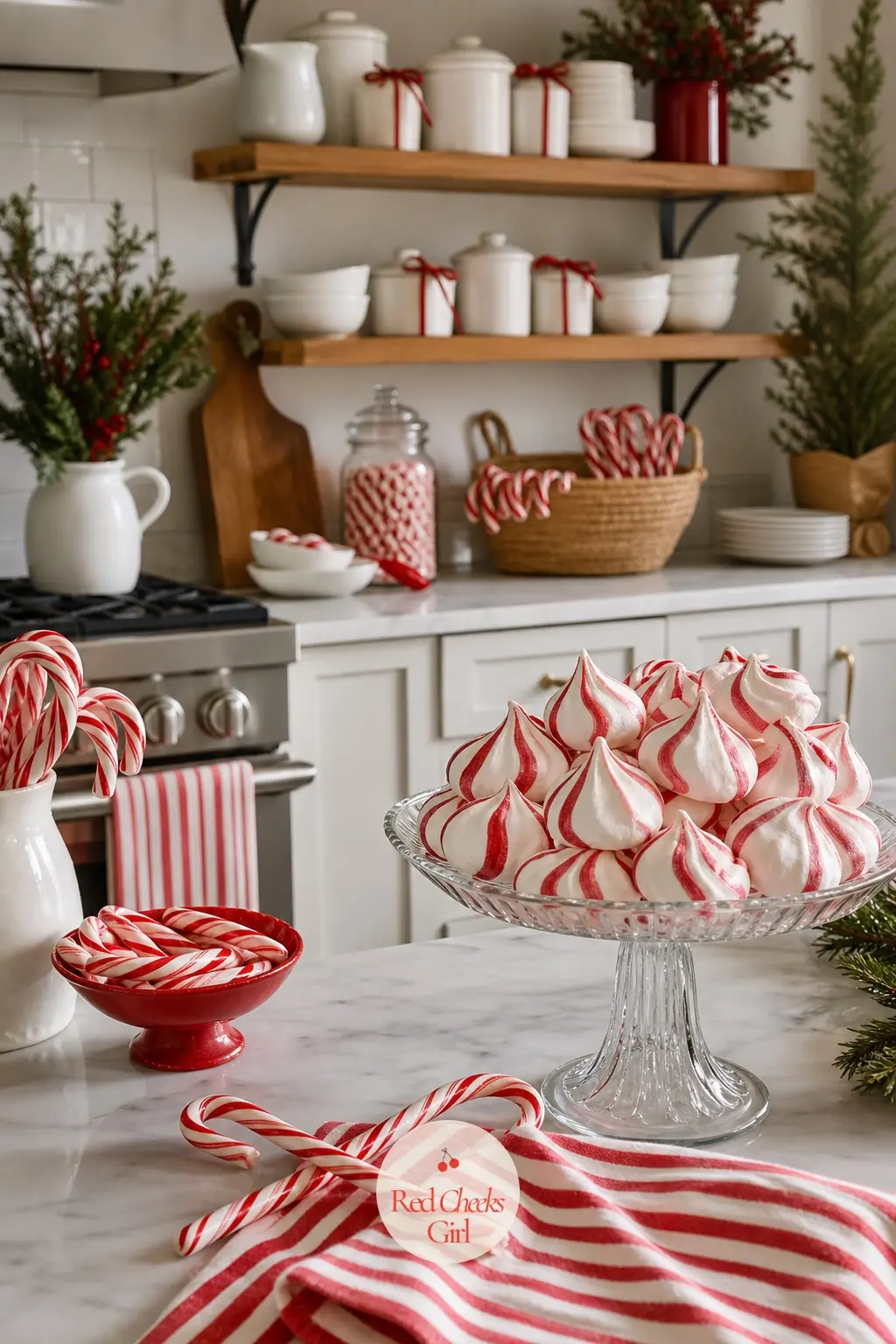 A Kitchen Counter That Doubles As The Sweet Shop — Open shelves above the counter hold white ceramic canisters labelled for sugar, flour and cocoa, each tied