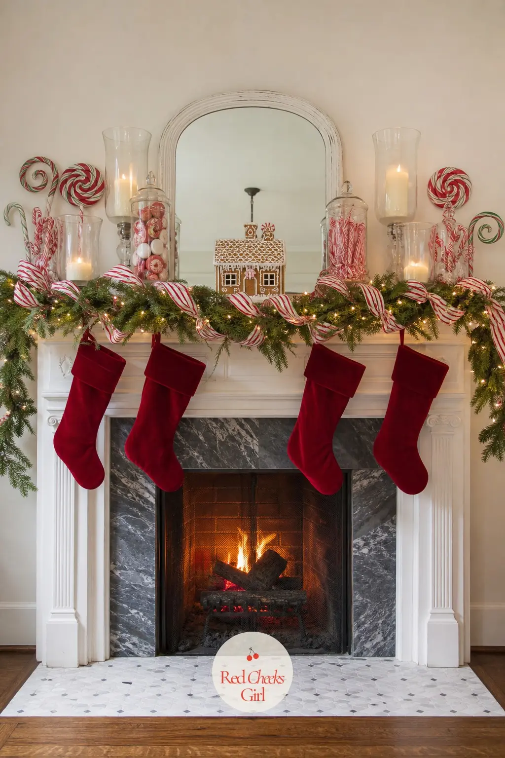 A Mantel Styled Like A Sweet Shop Window — A length of fresh garland runs the width of the mantel, and a red and white striped ribbon spirals along its full