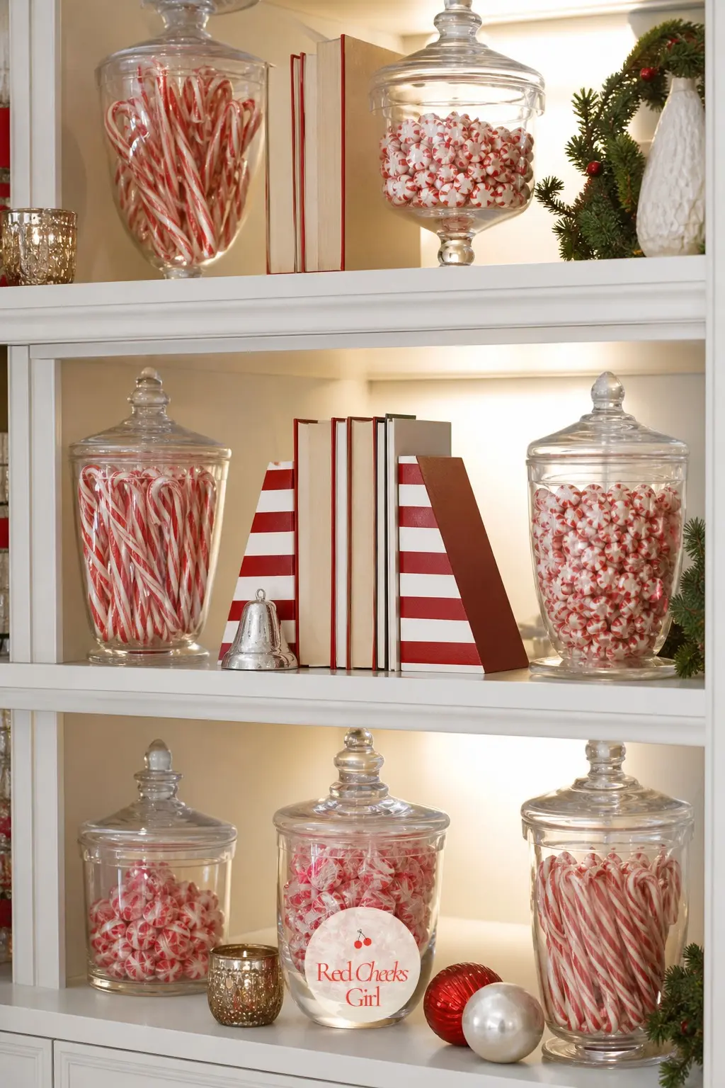 Shelves Lined Like Apothecary Jars — Line a bookshelf with glass apothecary jars filled with striped candy, swapped in for the usual framed photographs for the