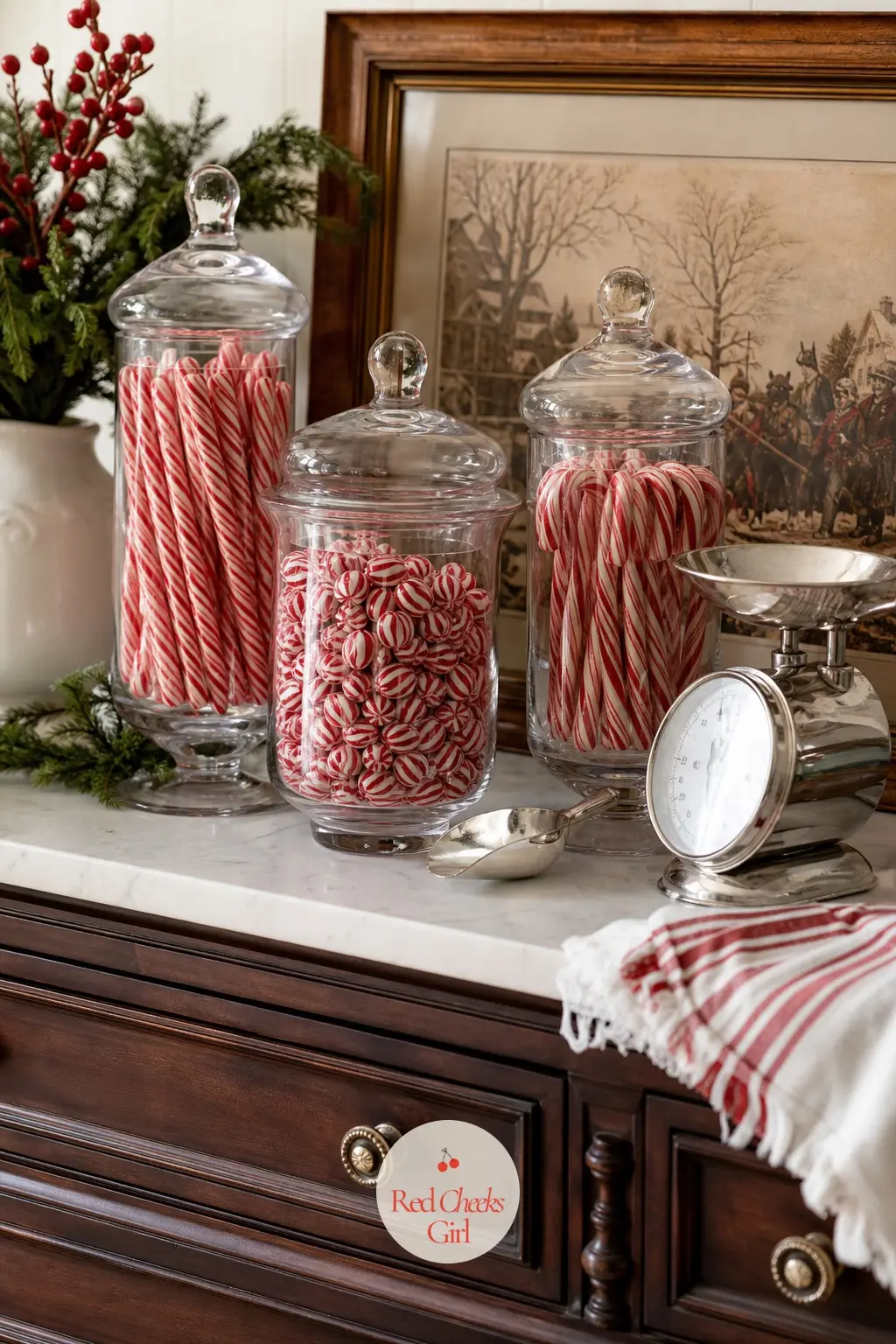 A Sideboard Styled Like An Old Fashioned Candy Counter — A dining room sideboard holds three apothecary jars of striped candy lined up like a shop display