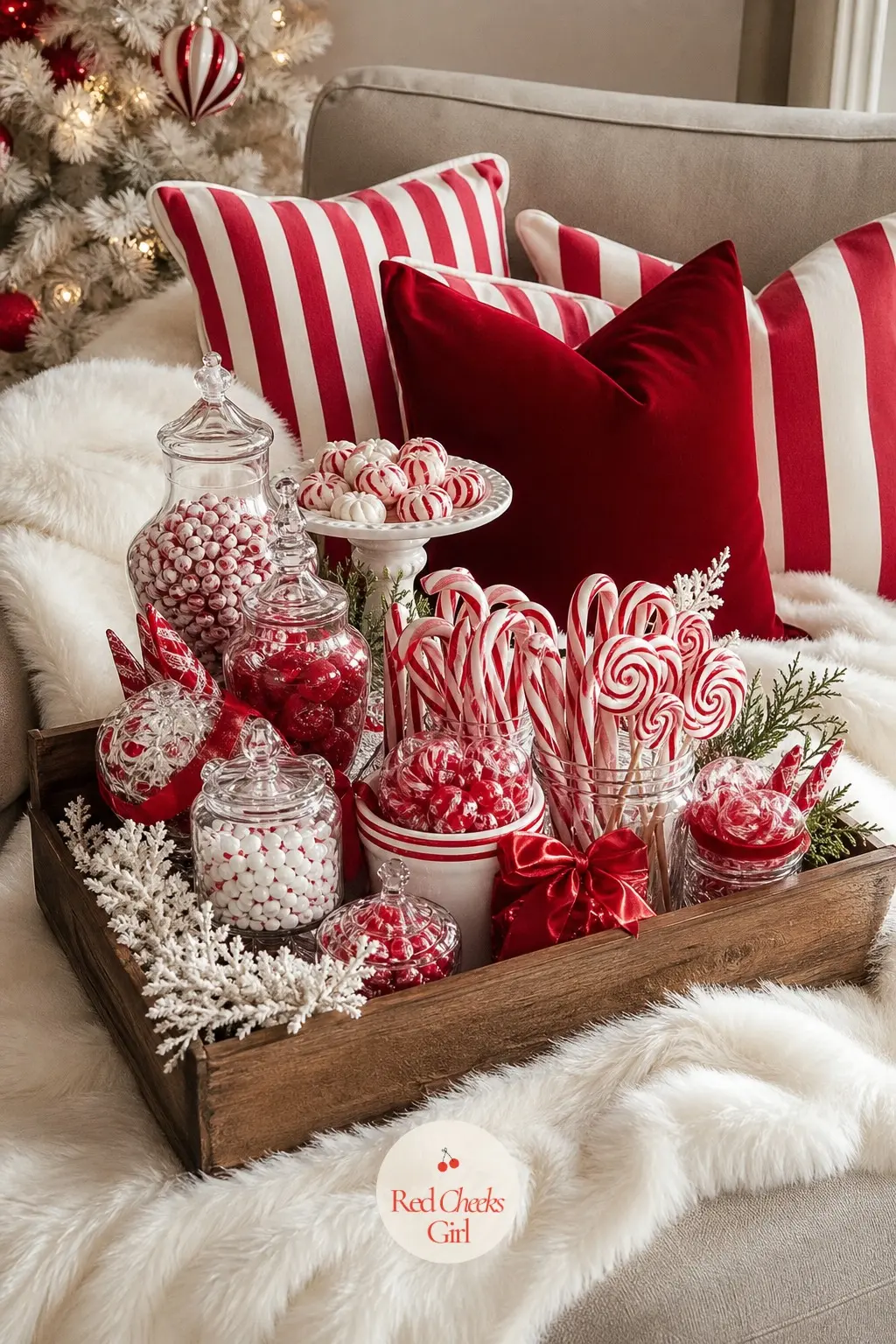 A Sofa Corner Dressed Like A Candy Counter — Four striped throw pillows on a plain sofa do most of the work here, mixed with one solid red velvet cushion so