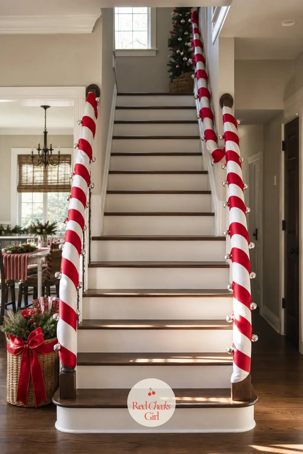 A Staircase Wrapped Like A Giant Candy Cane — A thick red and white striped ribbon spirals the full length of the banister on its own, with no greenery