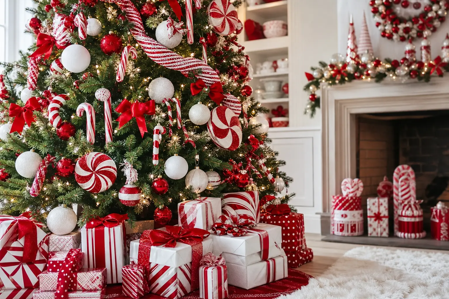 Candy Cane Christmas Trees: 20 Peppermint-Striped Ideas With Red Bows and Sugar-White Ornaments