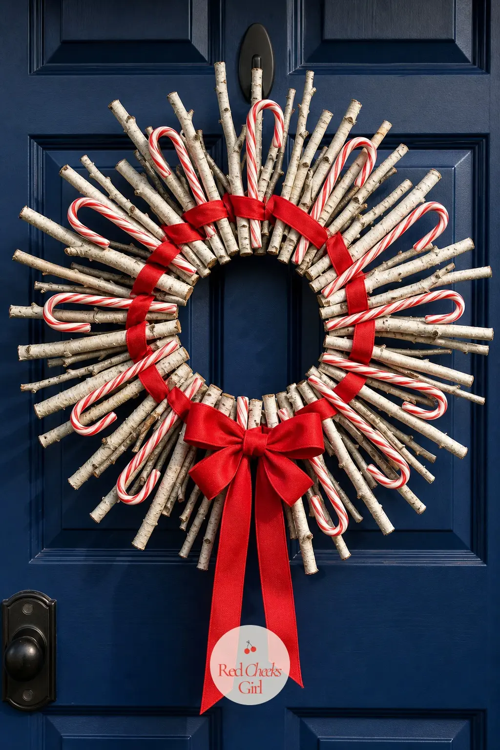A Birch Branch and Candy Cane Spoke Wreath for the Home Office Door — Plastic candy canes nestle among bundled white birch branches tied on with red ribbon, so