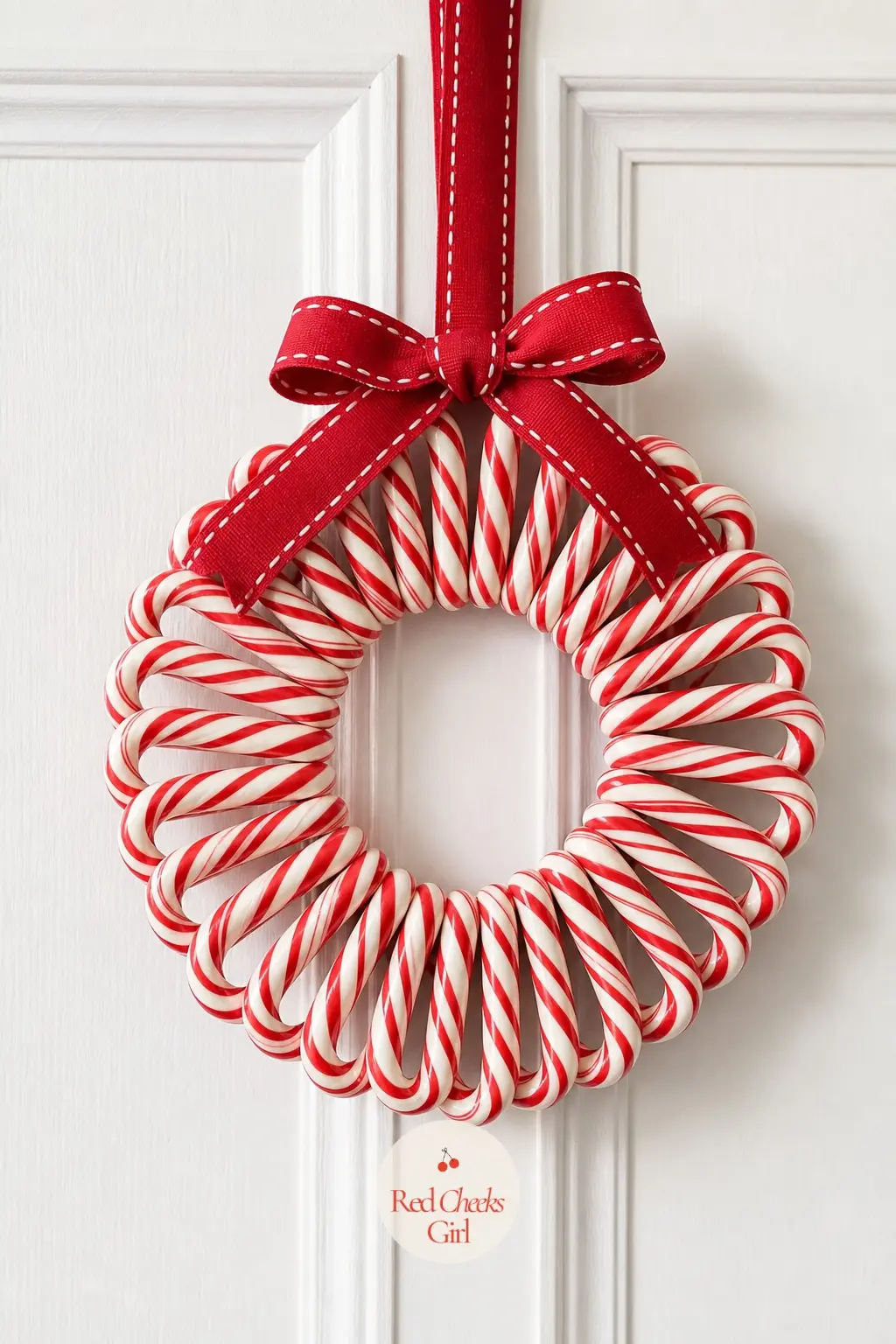 A Mini Candy Cane Hook Wreath for the Kitchen Pantry Door — Dozens of miniature candy canes hook together nose to tail around a small wire ring, no glue needed