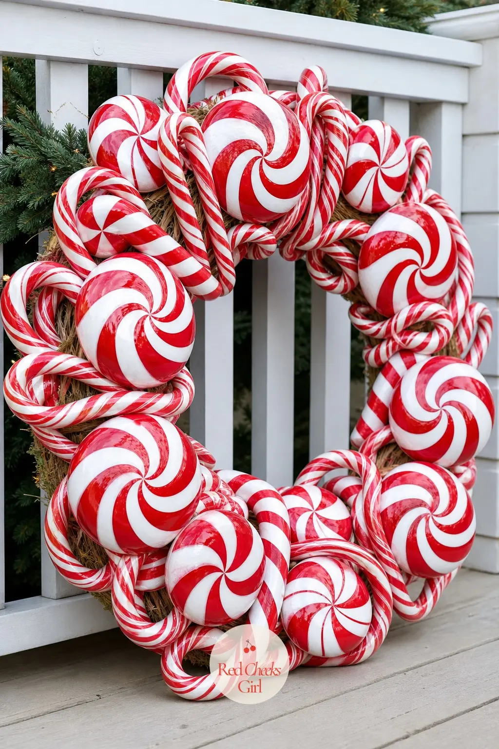 An Oversized Peppermint Lollipop and Candy Cane Wreath for the Porch — Full size candy canes alternate with giant swirled peppermint lollipops hot glued onto a