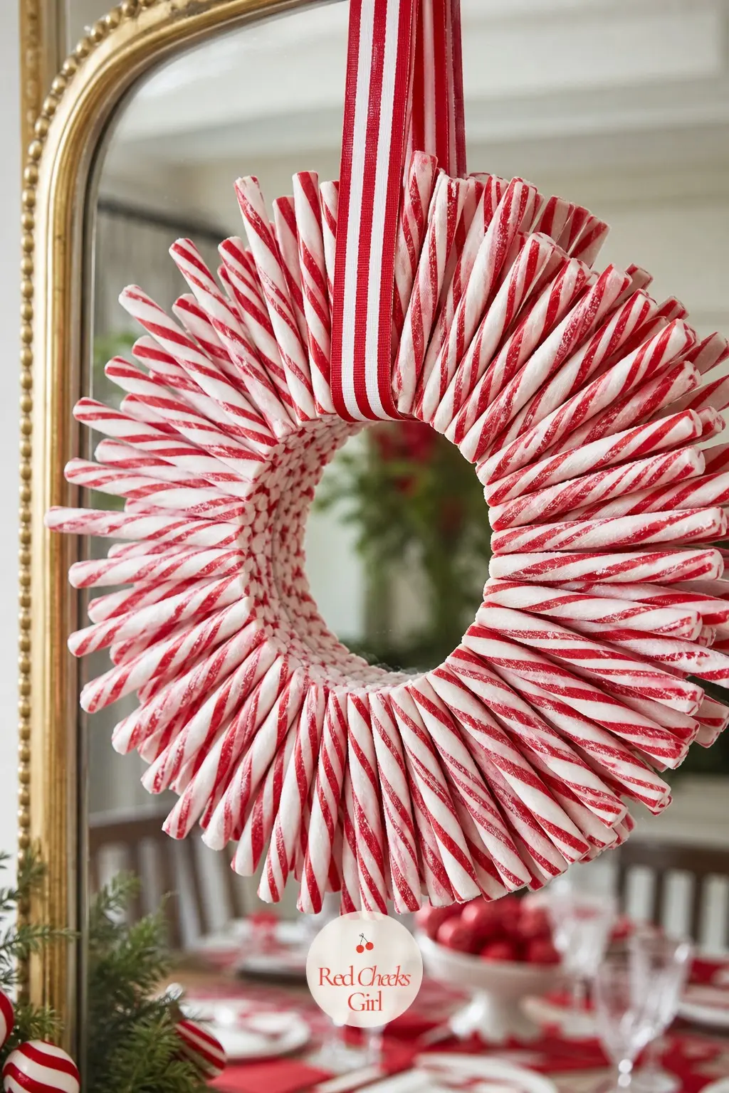 A Peppermint Stick Sunburst Wreath for the Dining Room Mirror — Striped peppermint sticks stand upright in a dense ring, pointing outward from a hidden foam