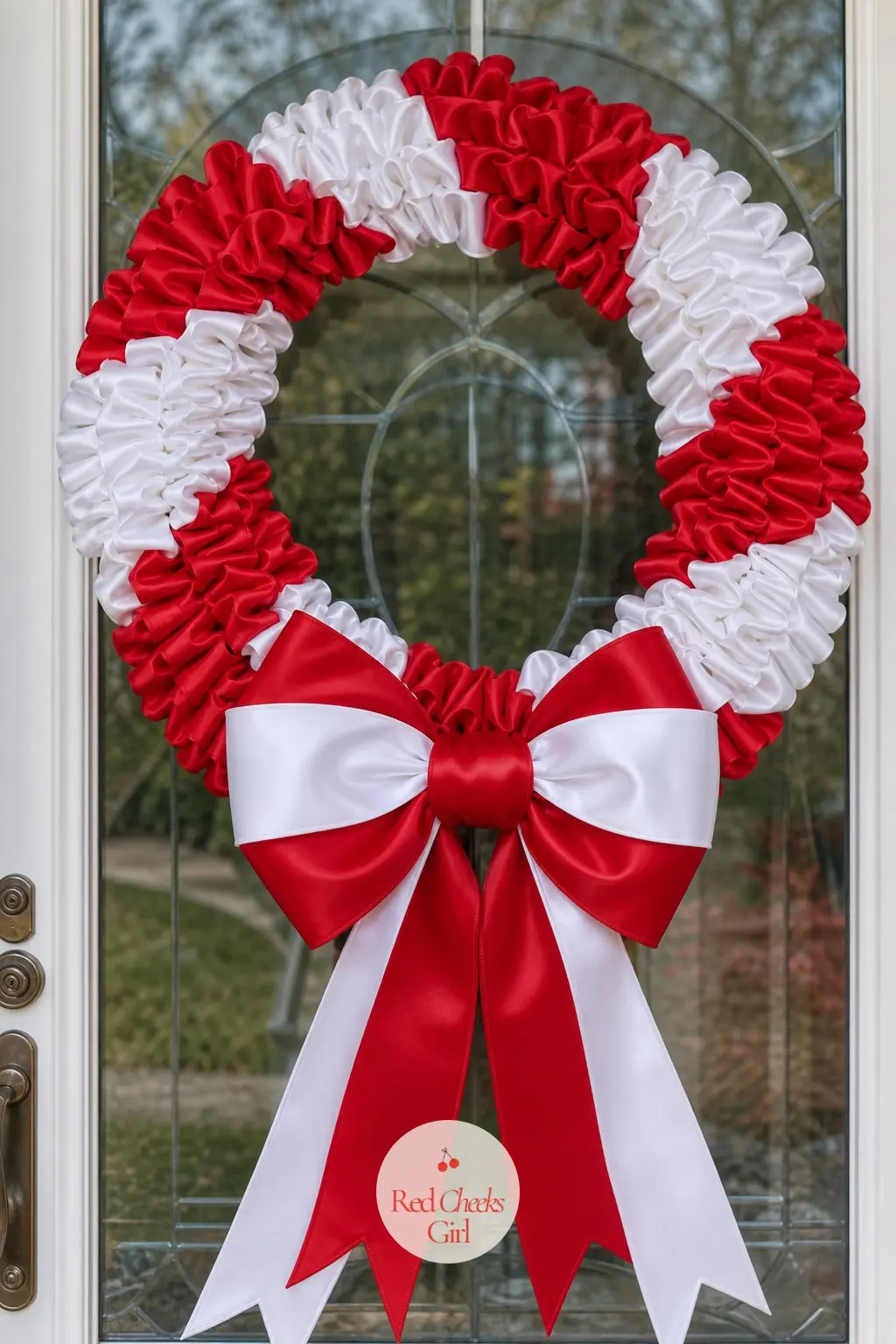 A Pleated Satin Bow Wreath for the Storm Door — Pleated satin ribbon, folded into tight ruffled loops rather than wrapped flat, gives this wreath a dressier
