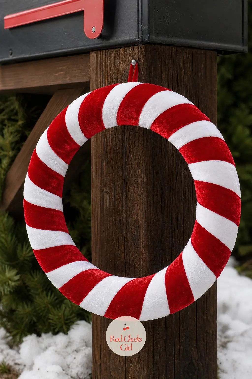 A Weatherproof Velvet Ribbon Wreath for the Mailbox Post — Thick outdoor rated velvet ribbon wraps a weatherproof foam ring in tight diagonal bands, the nap of