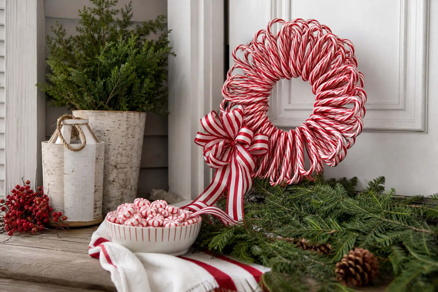 12 Candy Cane Wreaths Striped in Peppermint Red and Sugar White