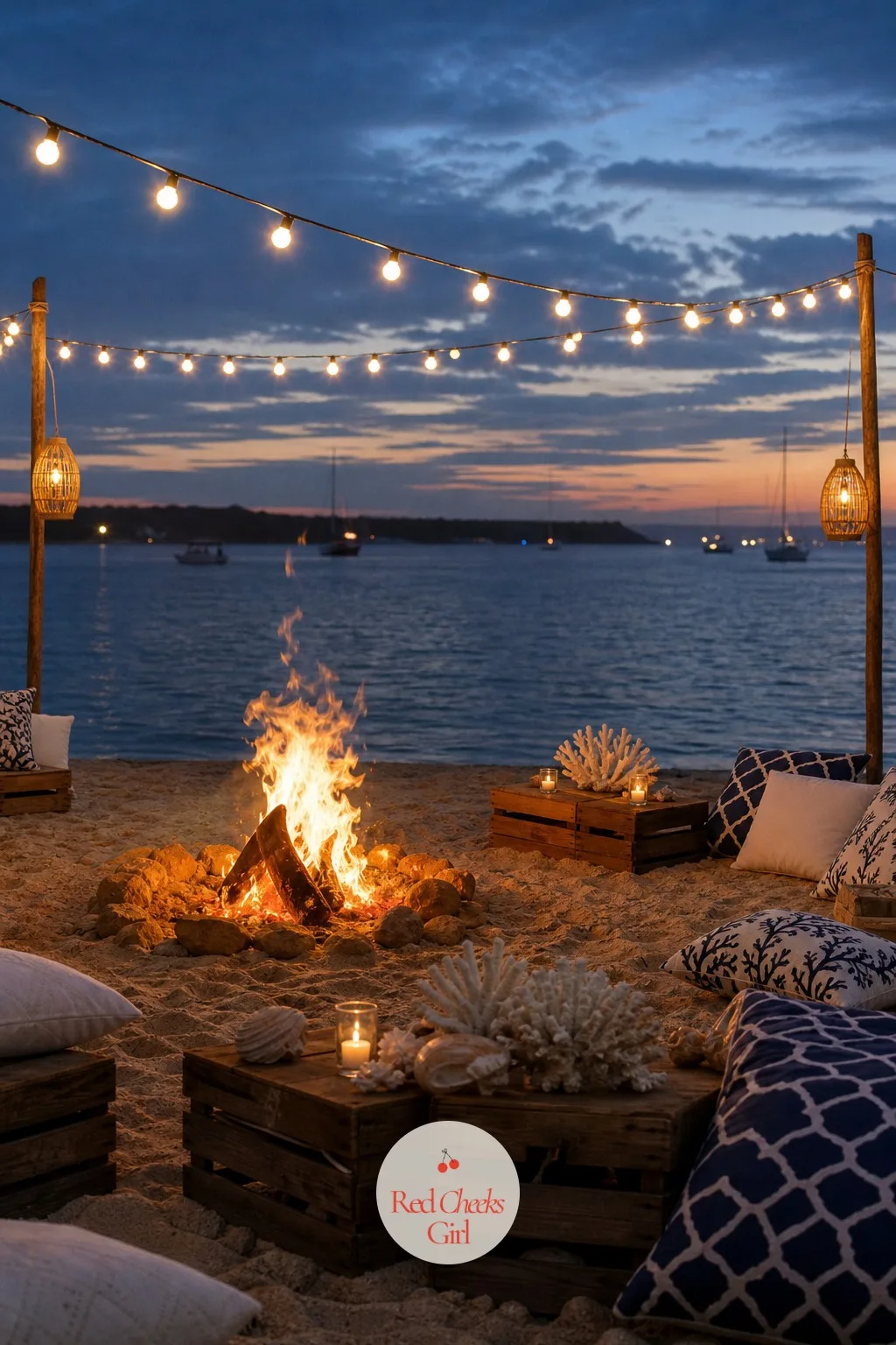 Beach Bonfire — A fire on sand at dusk does most of the decorating on its own, so the job left is simply low seating close enough to feel the heat and far