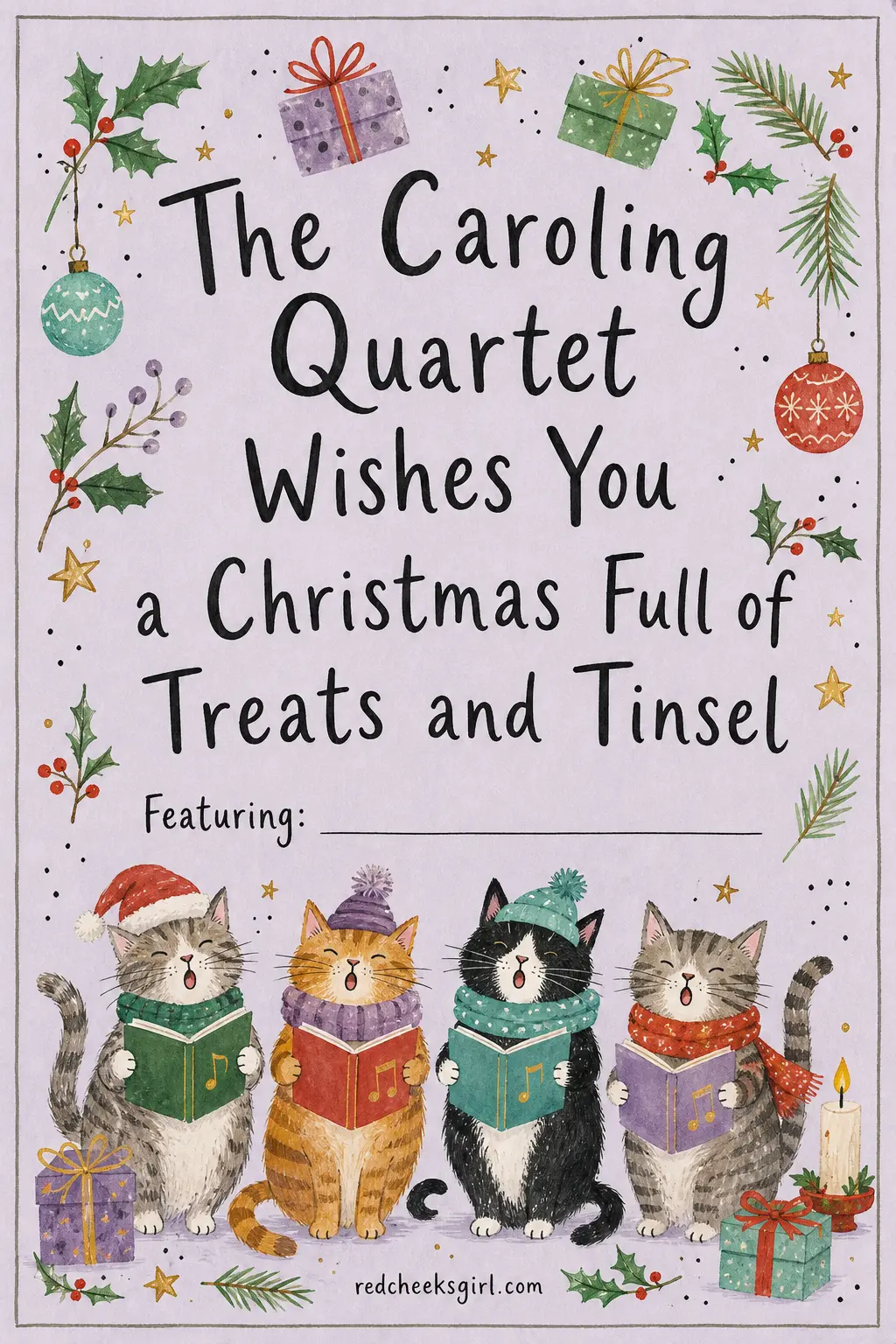 The Caroling Quartet printable sheet — For the household running more than one cat, where a single signature line never feels like enough. Cat christmas cards