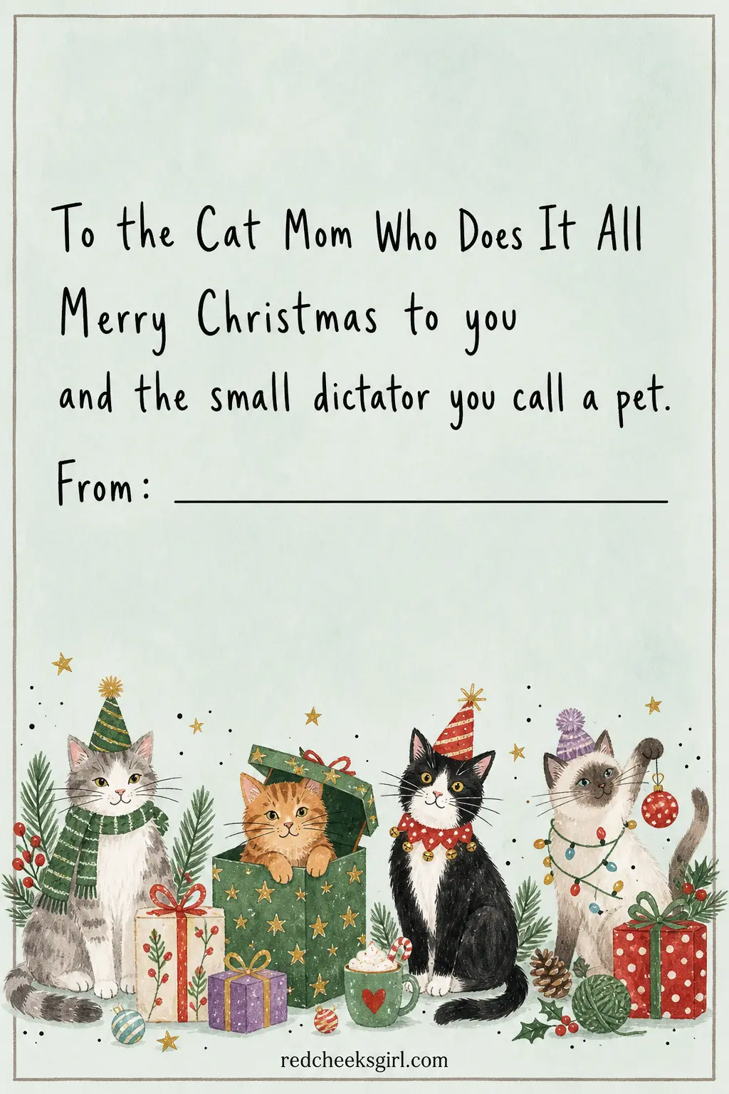 For the Cat Mom Who Does It All printable sheet — She has a stocking for the cat, a matching ornament, probably a tiny Santa hat the cat tolerates for exactly