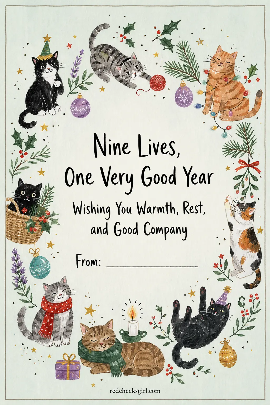 Nine Lives, One Very Good Year printable sheet — For the card that needs to do more than make someone smile, the one going to family or an old friend you