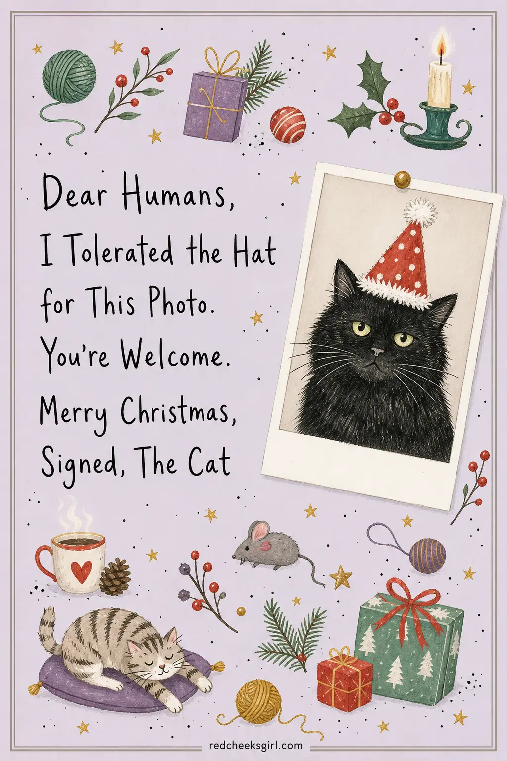 Signed, The Cat printable sheet — Short, a little deadpan, written entirely in the cat's own voice about the indignity of the photoshoot that made this card