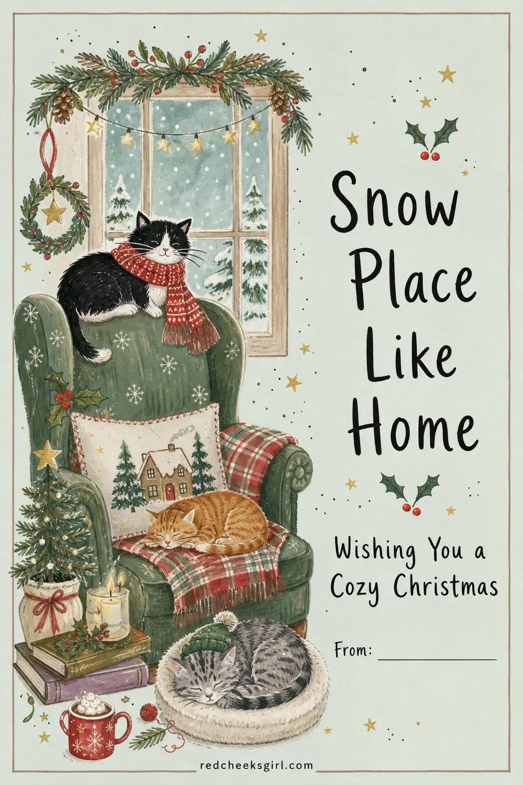 Snow Place Like Home printable sheet — The quiet one in the stack, for neighbours or the friend you see often enough that the card does not need to try hard.