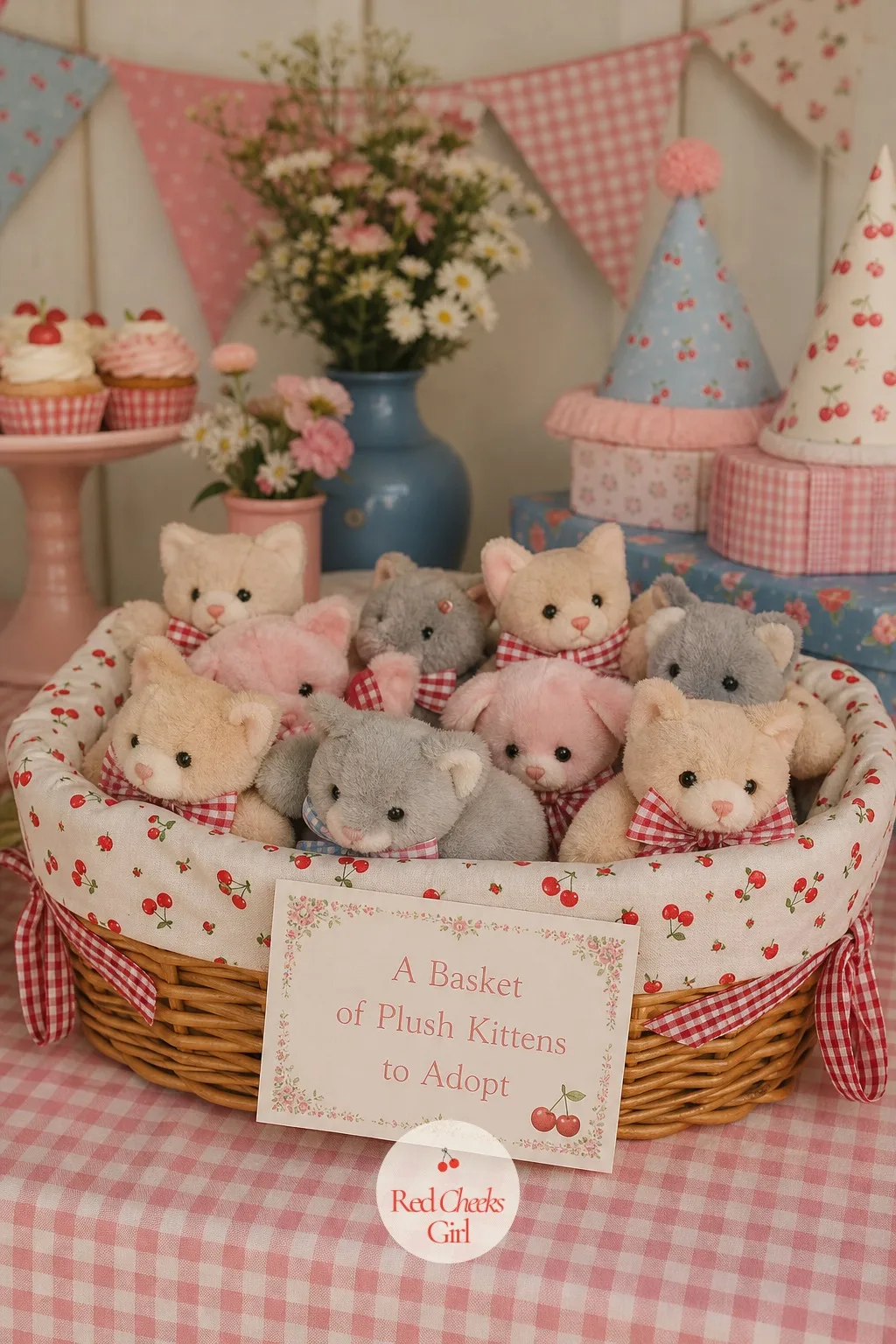 A Basket of Plush Kittens to Adopt — This is the favour that gets hugged on the way home rather than left in a bag. Cat themed birthday party