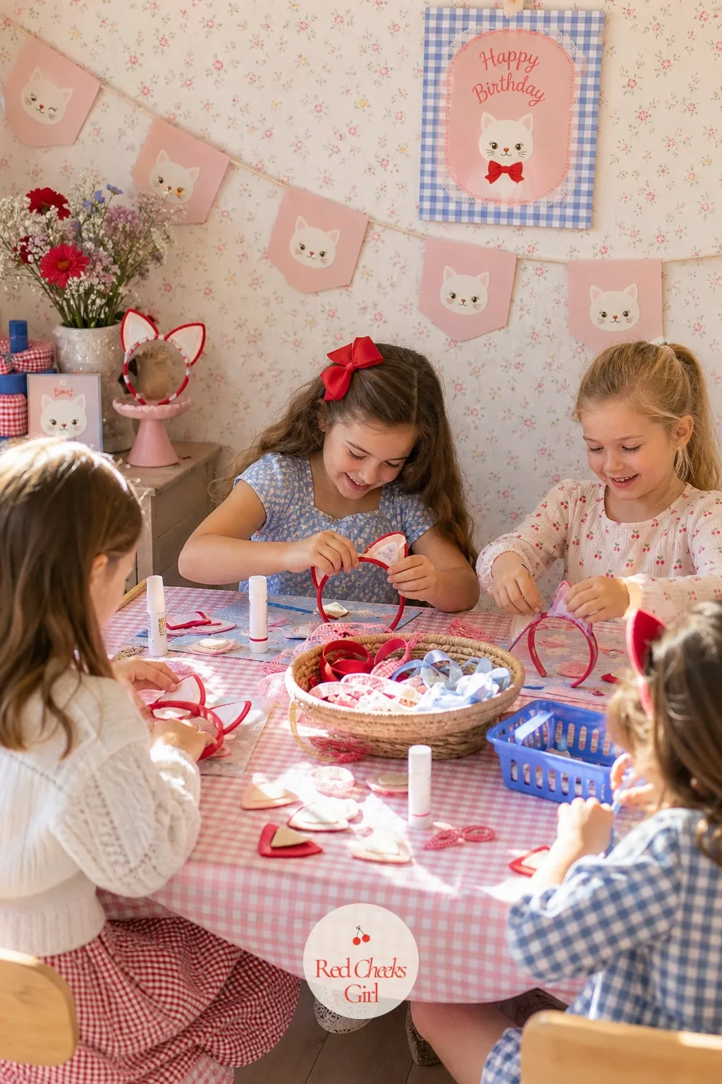 A Cat Ear Headband Craft Table — A craft table only earns its place if the children actually finish something they want to keep on. Cat themed birthday party