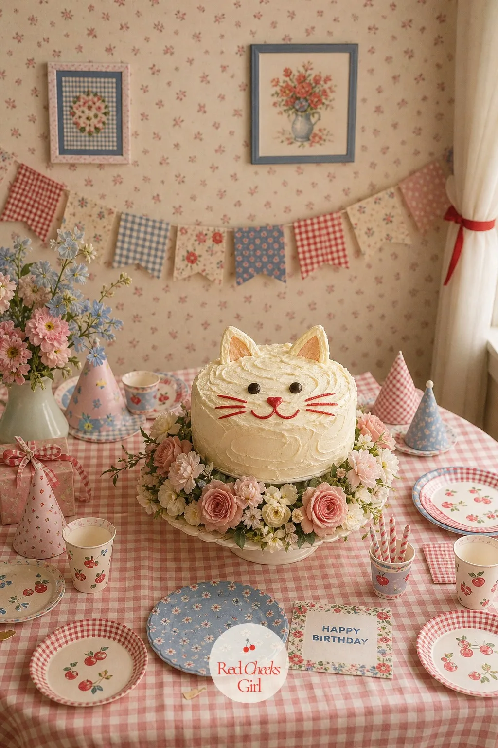 A Cat Face Cake Ringed With Garden Flowers — She will worry about the cake more than anything else on this list, and she does not need to. Cat themed birthday