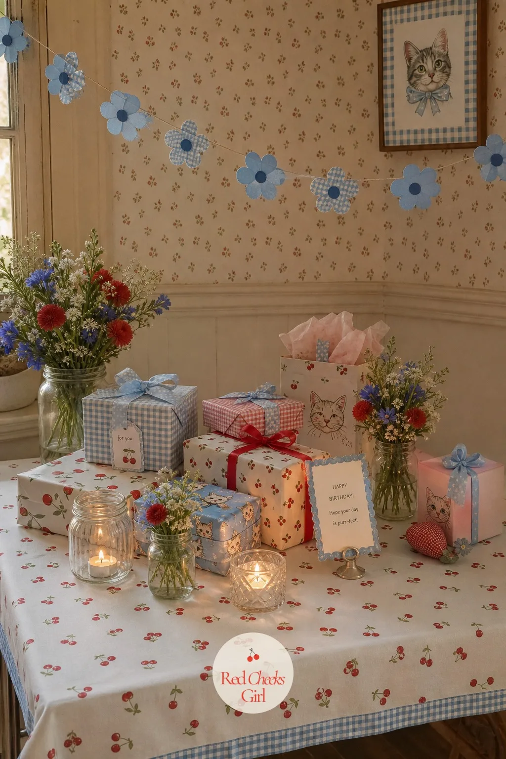 A Gift Table Lit With Jar Lanterns — Presents tend to pile up anywhere they land, which looks fine for about ten minutes. Cat themed birthday party