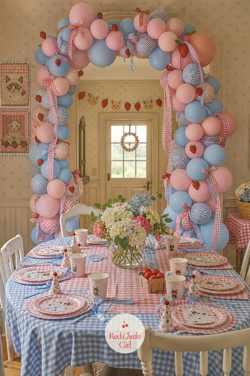 A Gingham Balloon Arch Over the Door — The first thing a guest sees should already say cottage, not party-shop aisle. Cat themed birthday party