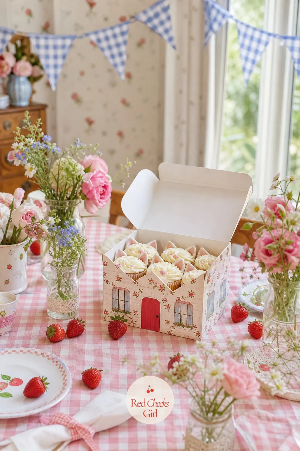 A Gingham Dessert Table With Cat Ear Cupcakes in a Cottage Box — This is the table everyone photographs before they eat anything. Cat themed birthday party