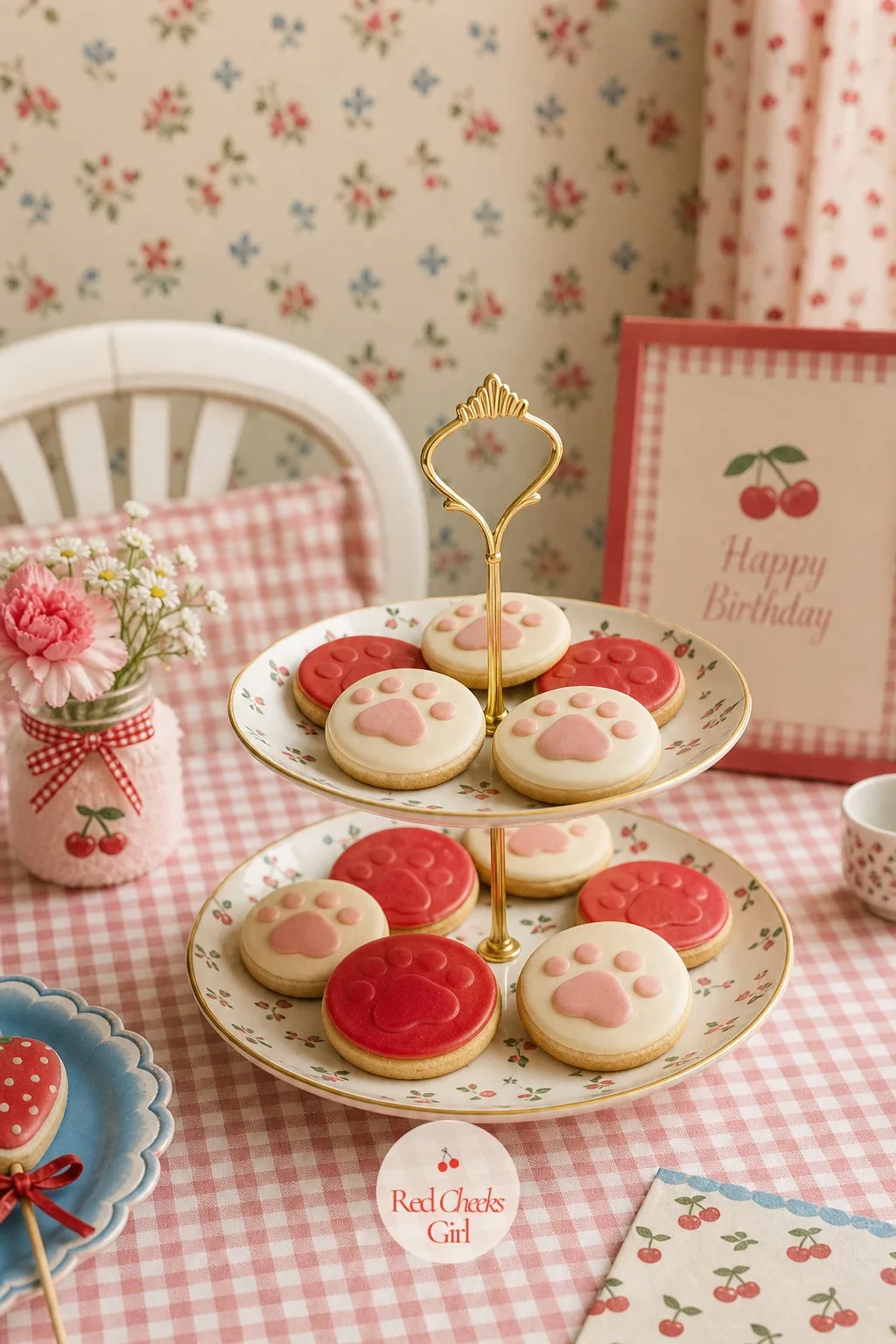 Iced Paw Print Biscuits on a Cake Stand — A tiered cake stand holding something other than cake gives the dessert table a second thing to look at. Cat themed