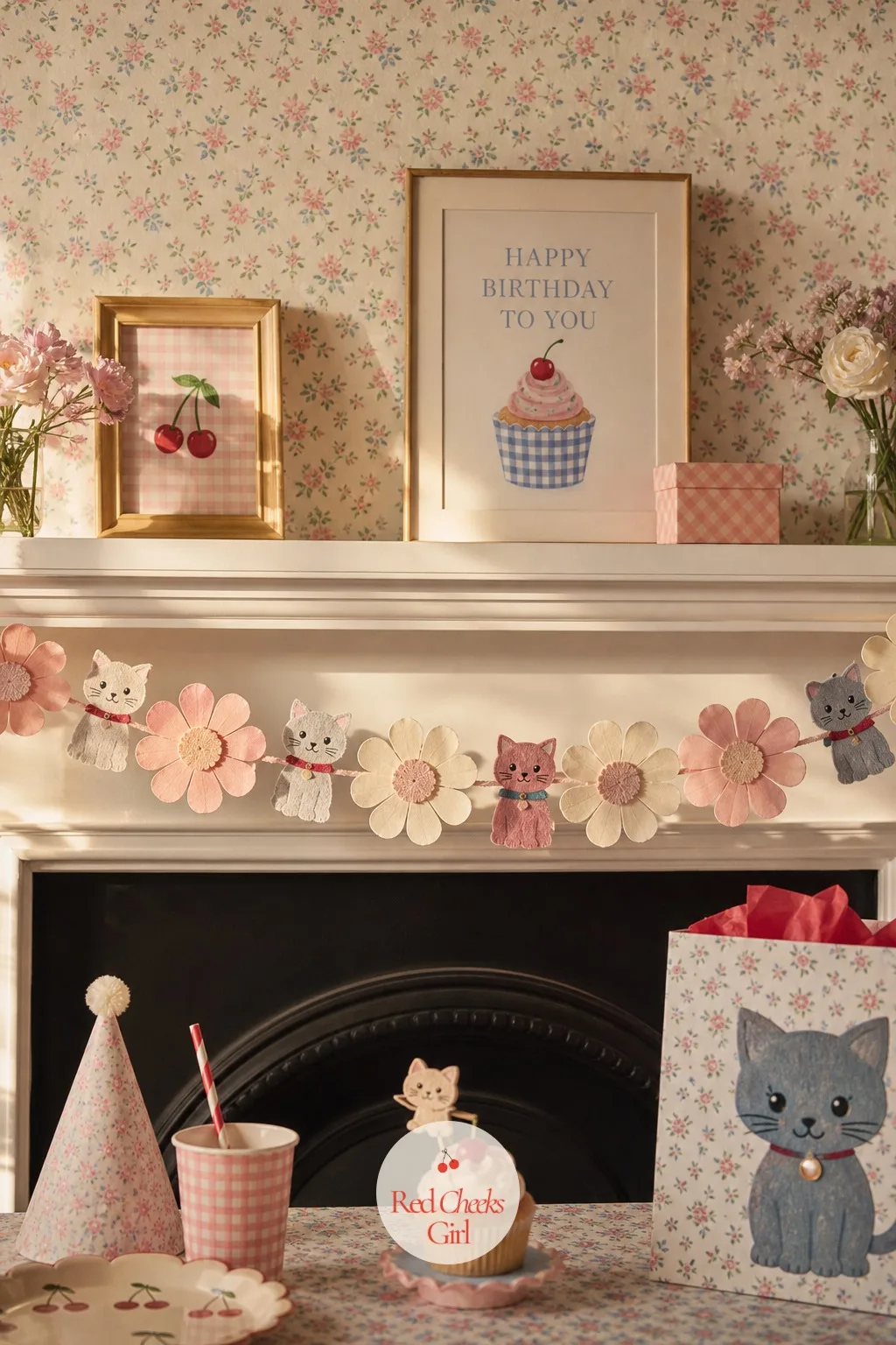 A Mantel Garland of Paper Flowers and Felt Cats — A mantel or open shelf left bare looks like an afterthought once the rest of the room is dressed. Cat themed