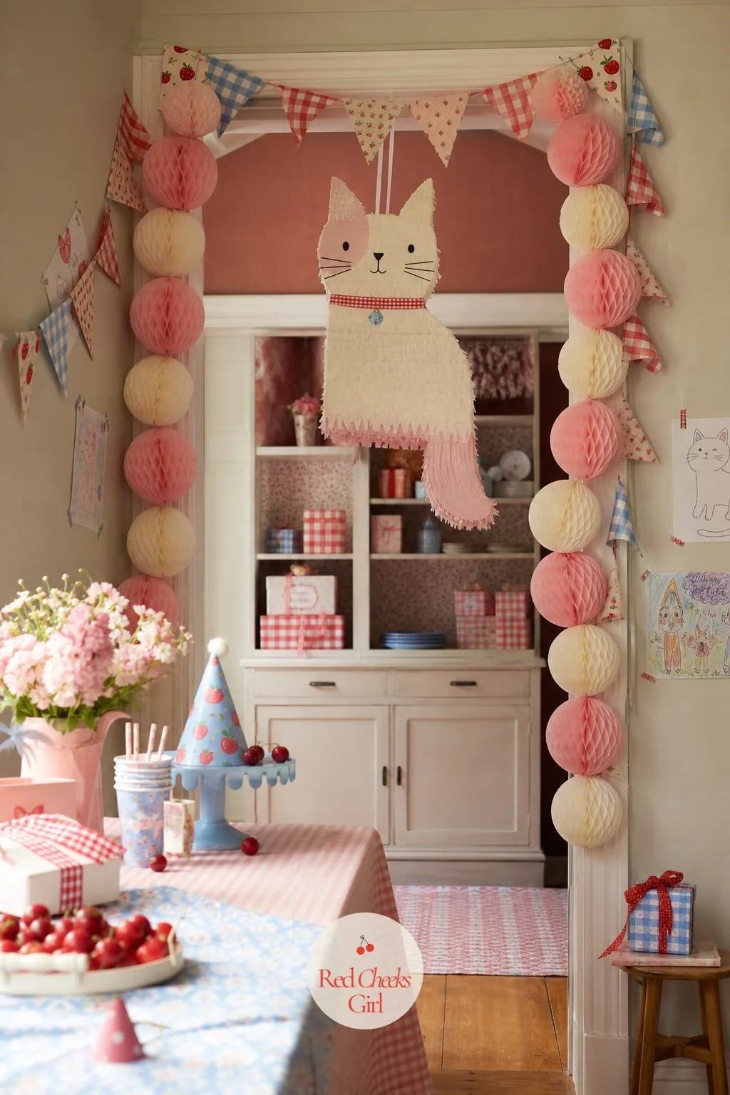 The Piñata Cat Over a Doorway of Paper Flowers — Hung above a doorway framed with paper honeycomb flowers in dusky pink and cream, a soft faced paper cat