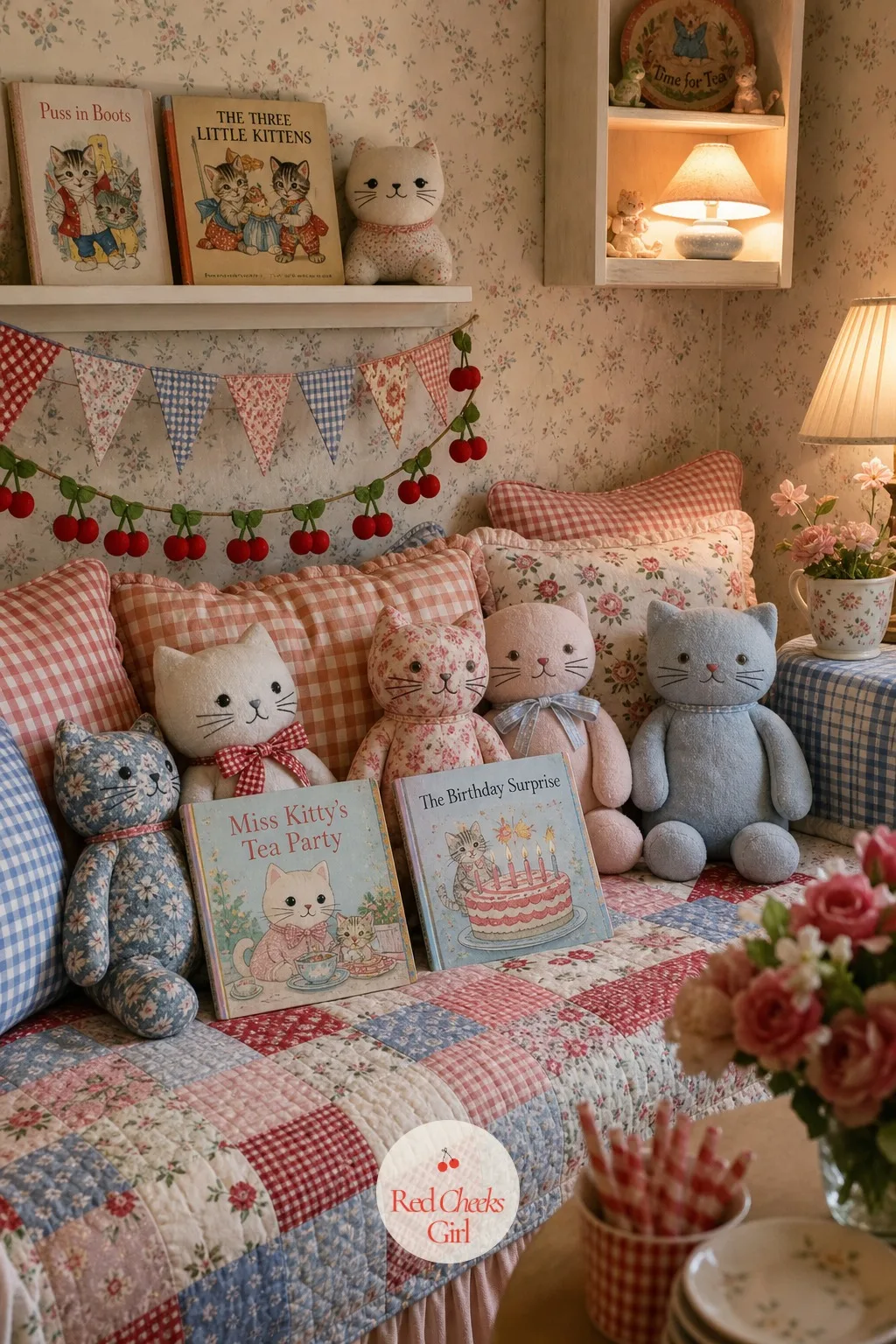 A Reading Corner With Plush Cats on a Patchwork Quilt — Not every child at this age wants to be in the middle of things, and this corner is where they go