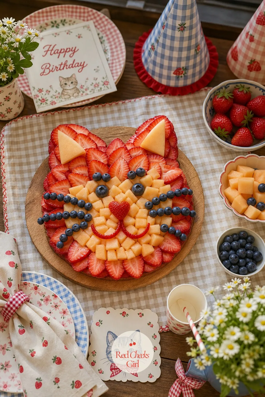A Strawberry Cat Face Fruit Platter — Fruit at a children's party usually disappears last, unless it looks like it belongs to the theme. Cat themed birthday