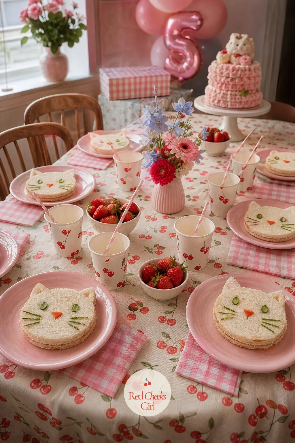 A Tea Party Table With Cat Shaped Sandwiches on Pink Plates — Children this age eat with their eyes first, and a plain triangle sandwich does not get a second