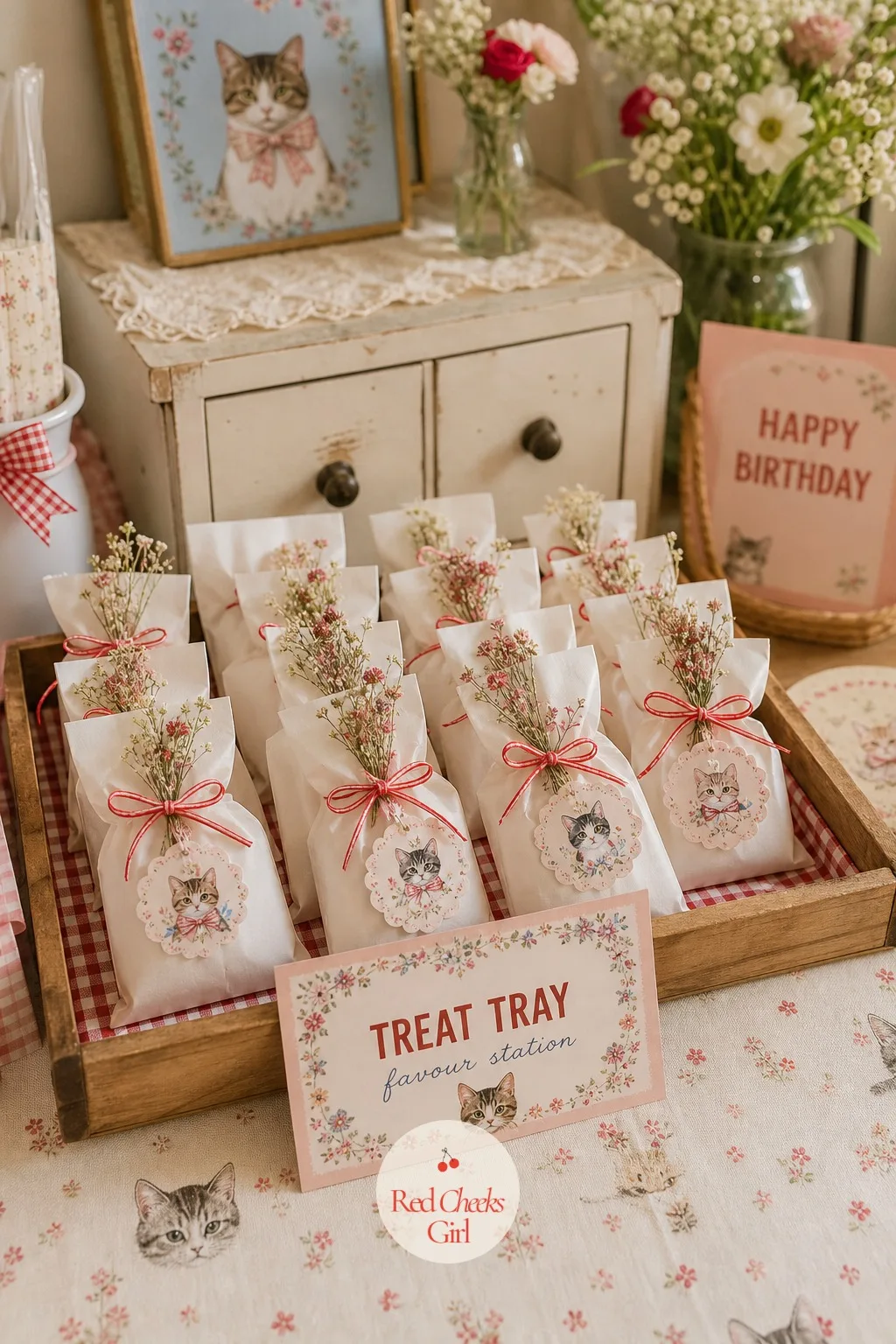 A Treat Tray Favour Station — A pile of identical plastic bags by the door never looks like part of the party. Cat themed birthday party