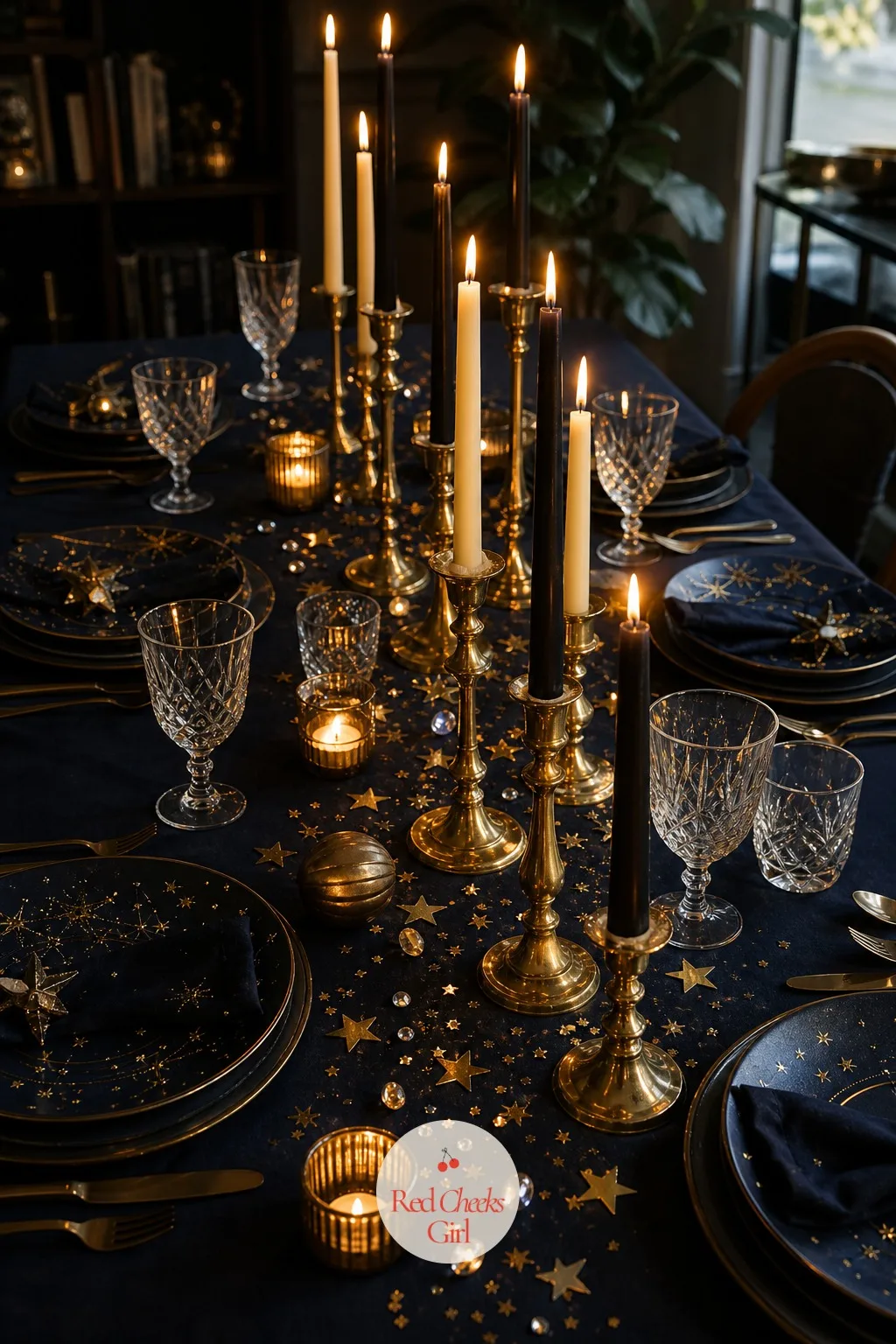 Black and Ivory Tapers in Brass Candlesticks — Overhead lanterns alone leave the table itself in shadow, and this is the fix: candlelight at eye level, doing