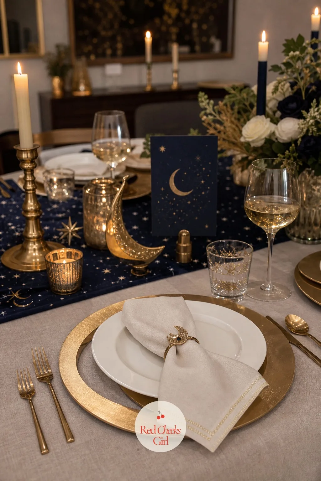 Crescent Moon Charger Plates Beneath Each Setting — Rented white plates on a navy table look borrowed from a different party entirely, and the fix sits one