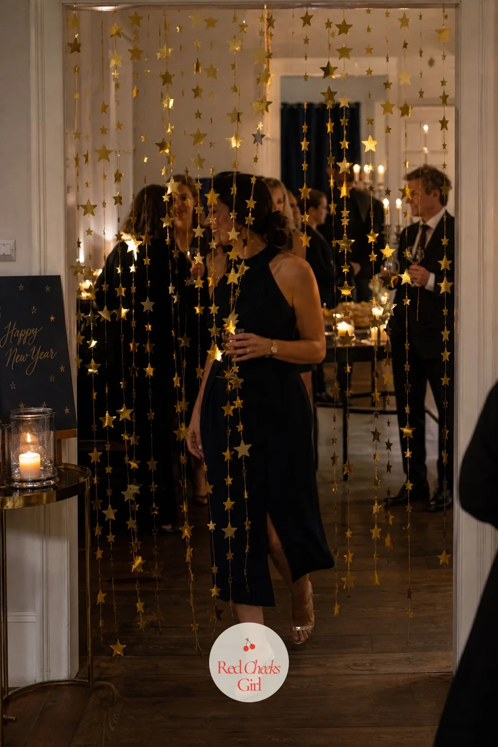 The Gold Star Rain Over the Doorway — Every party has one doorway everybody has to pass through, and this is where it earns its keep. Celestial theme party
