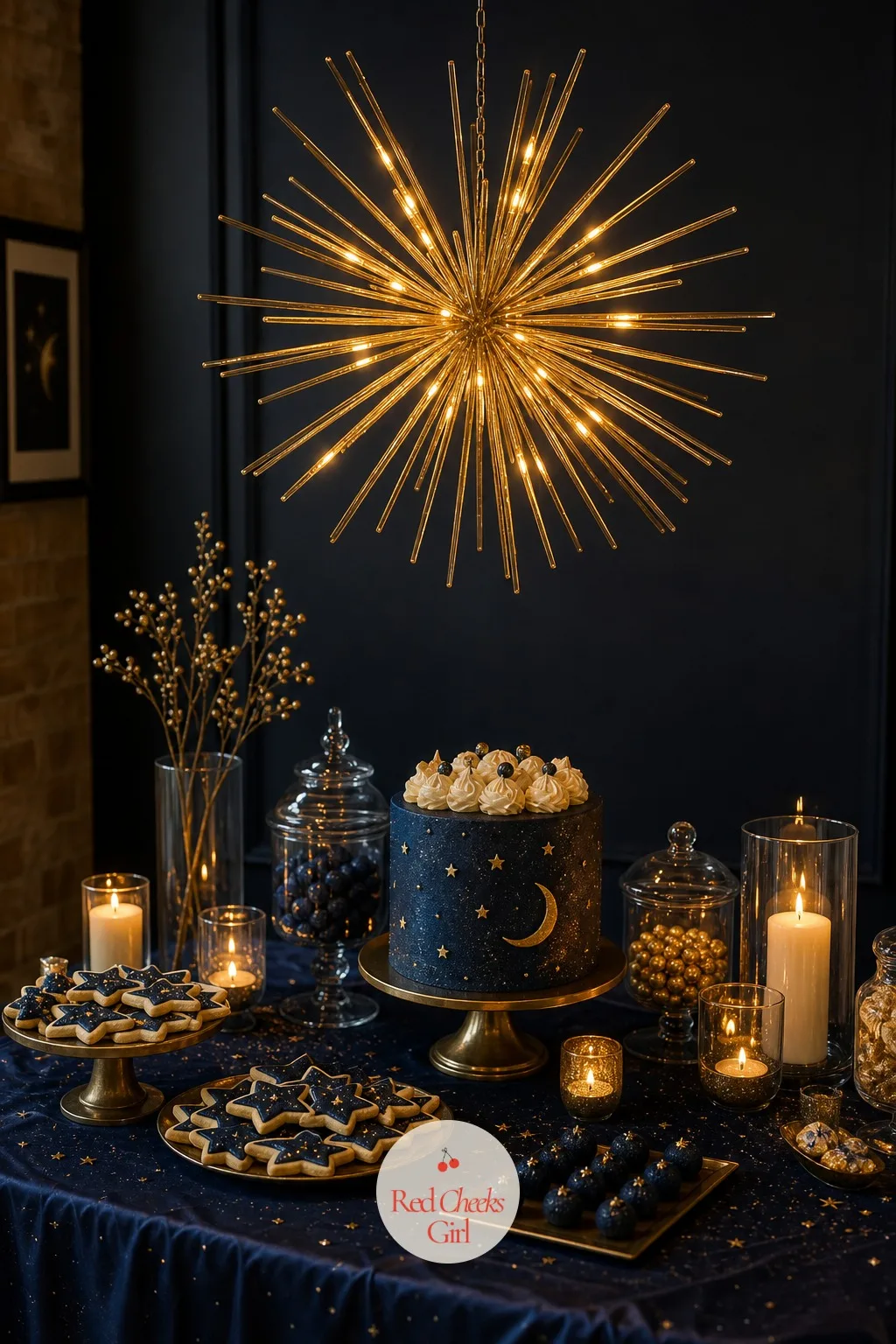 The Gold Starburst Over the Dessert Table — A dessert spread without something above it just looks like a buffet, no matter how good the cake is. Celestial